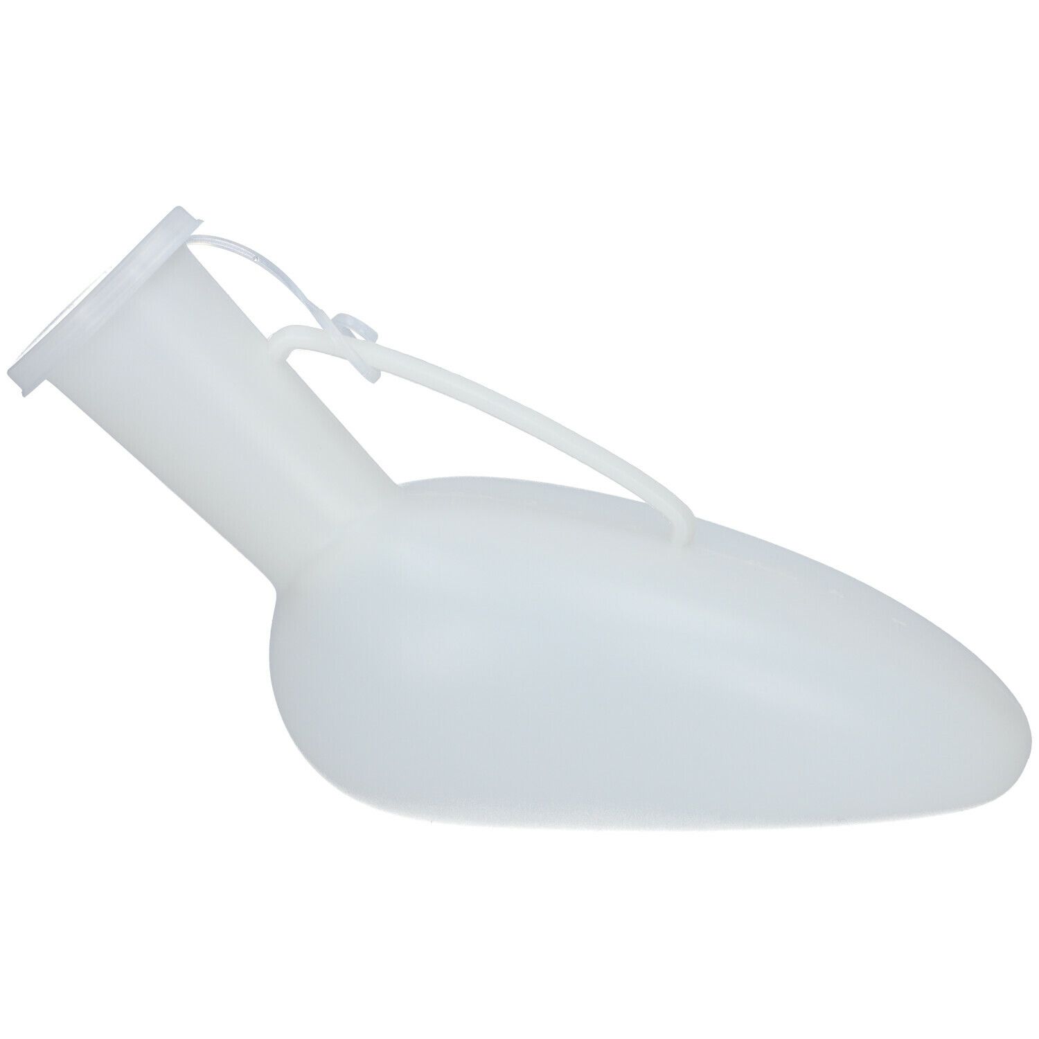 Witte mannenurinaal met deksel en handvat. Schuin gevormd, met brede opening en afgeronde bodem.