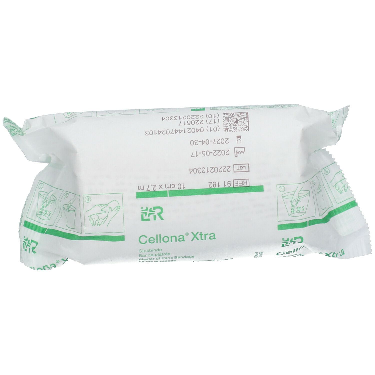 Cellona® Xtra bandage plâtré emballé. Emballage avec taille 10 cm x 2,7 m et marquage CE.