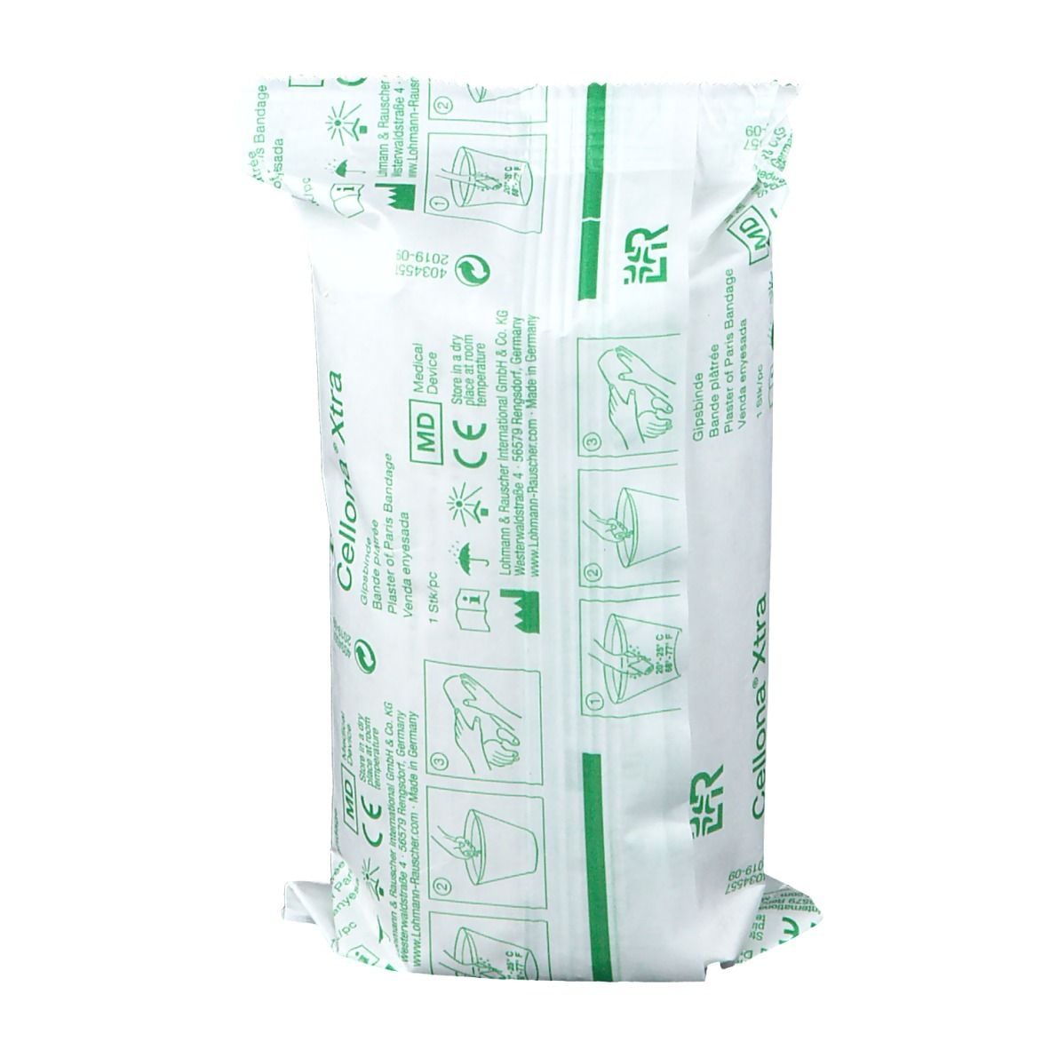 Cellona® Xtra bandage plâtré emballé. Emballage avec informations, marquage CE et pictogrammes.