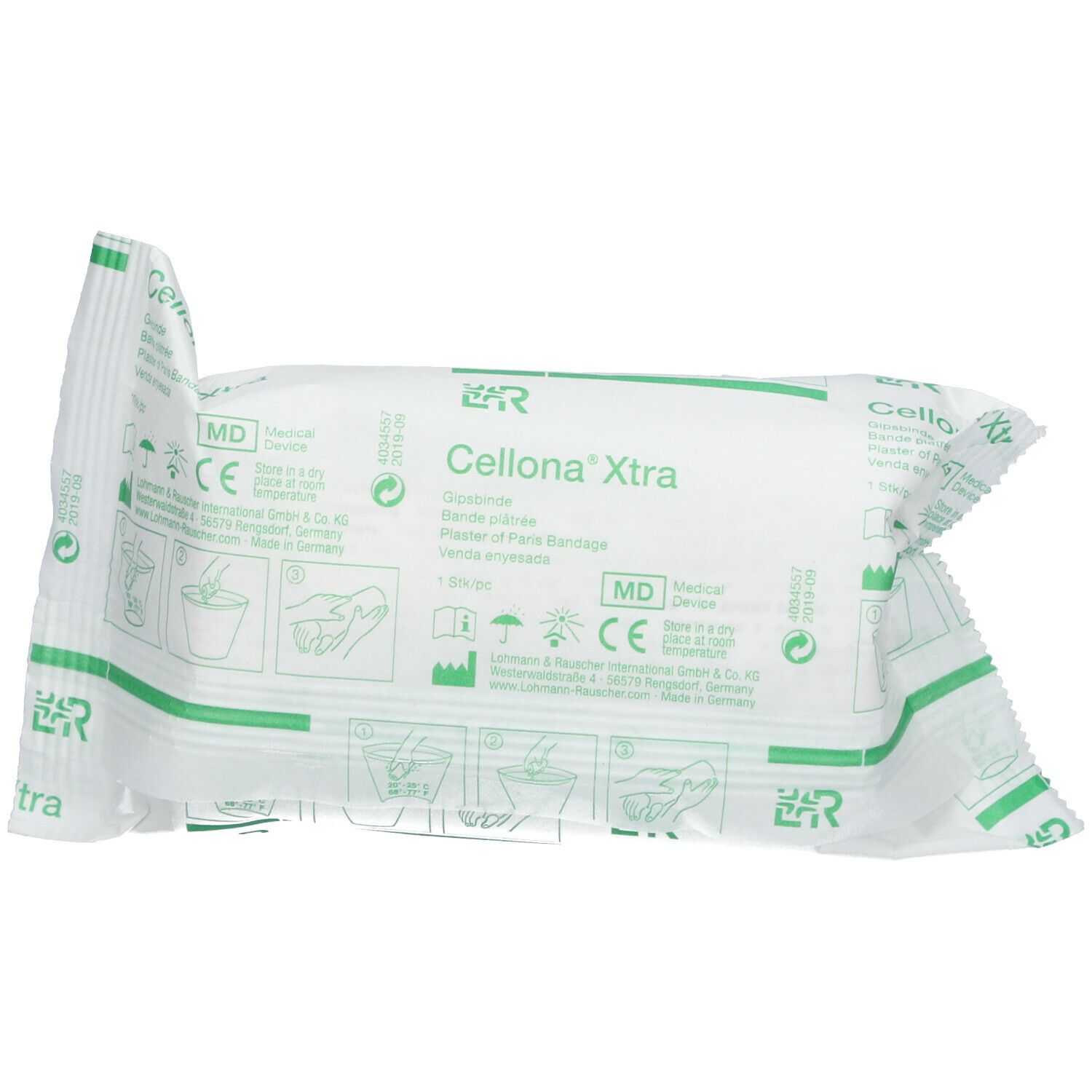 Cellona® Xtra bandage plâtré emballé. Emballage avec informations, marquage CE et symbole MD.