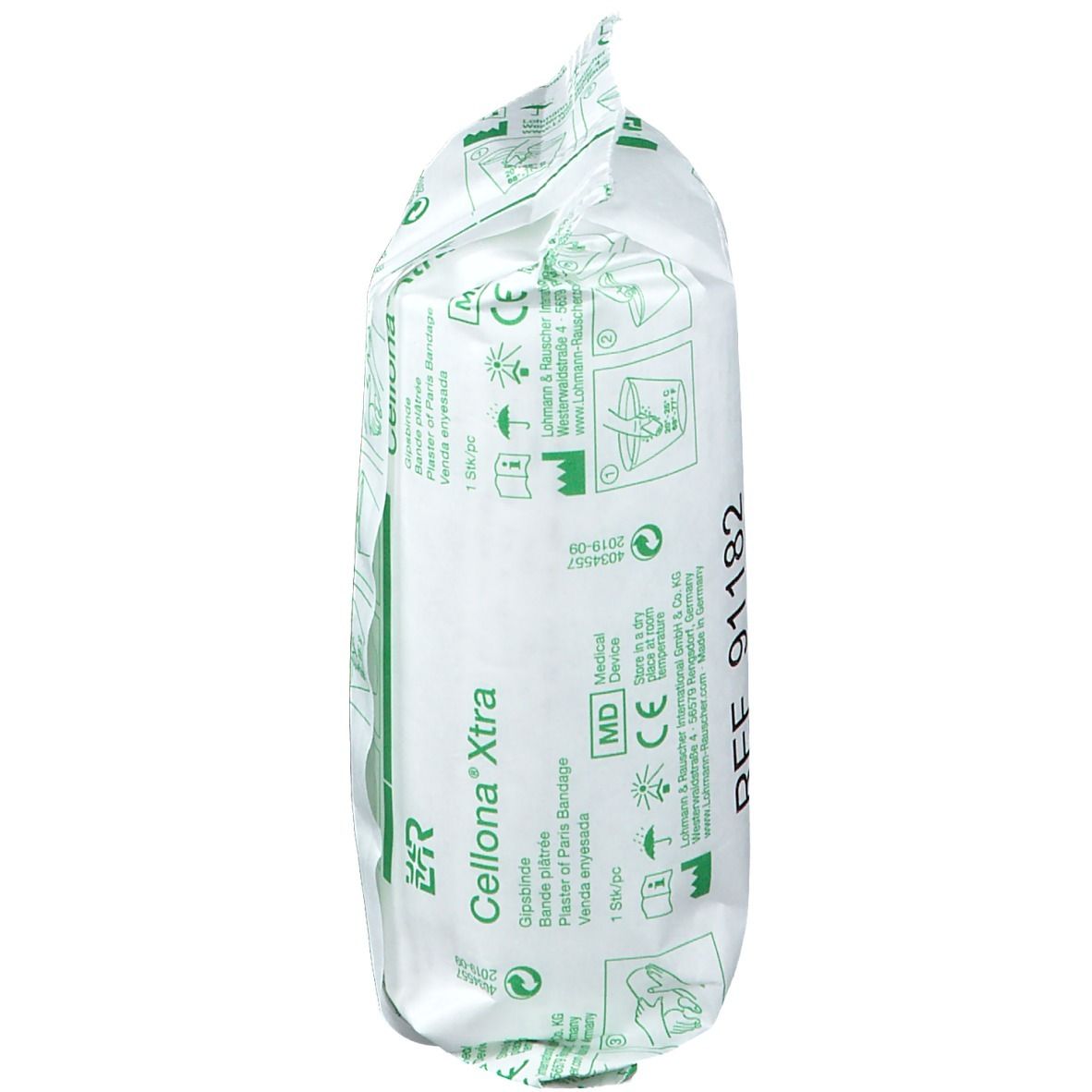 Cellona® Xtra bandage plâtré emballé. Emballage avec informations, marquage CE et numéro REF.