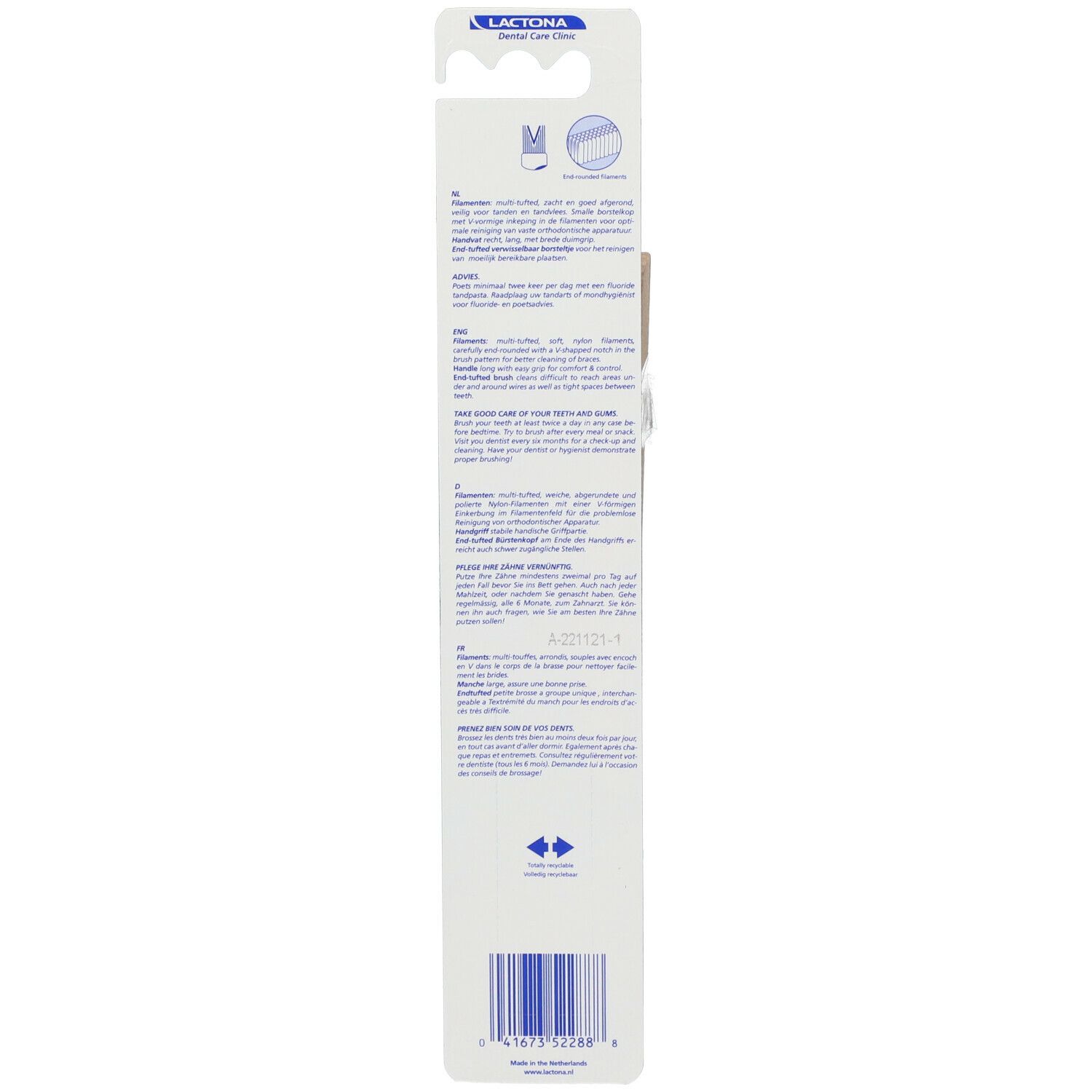 Achterkant van de blisterverpakking. Tekst in meerdere talen. Productinformatie en barcode.