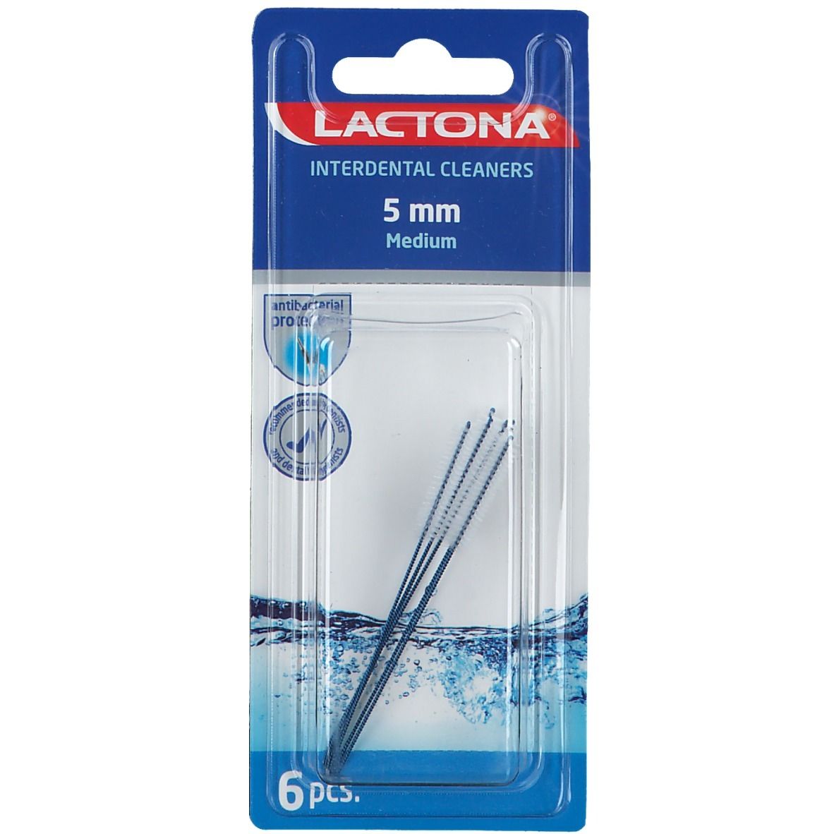 Verpackung mit LACTONA Interdental Cleaners, 5 mm Medium. 6 Stück. Blaue Borsten in Blisterverpackung.