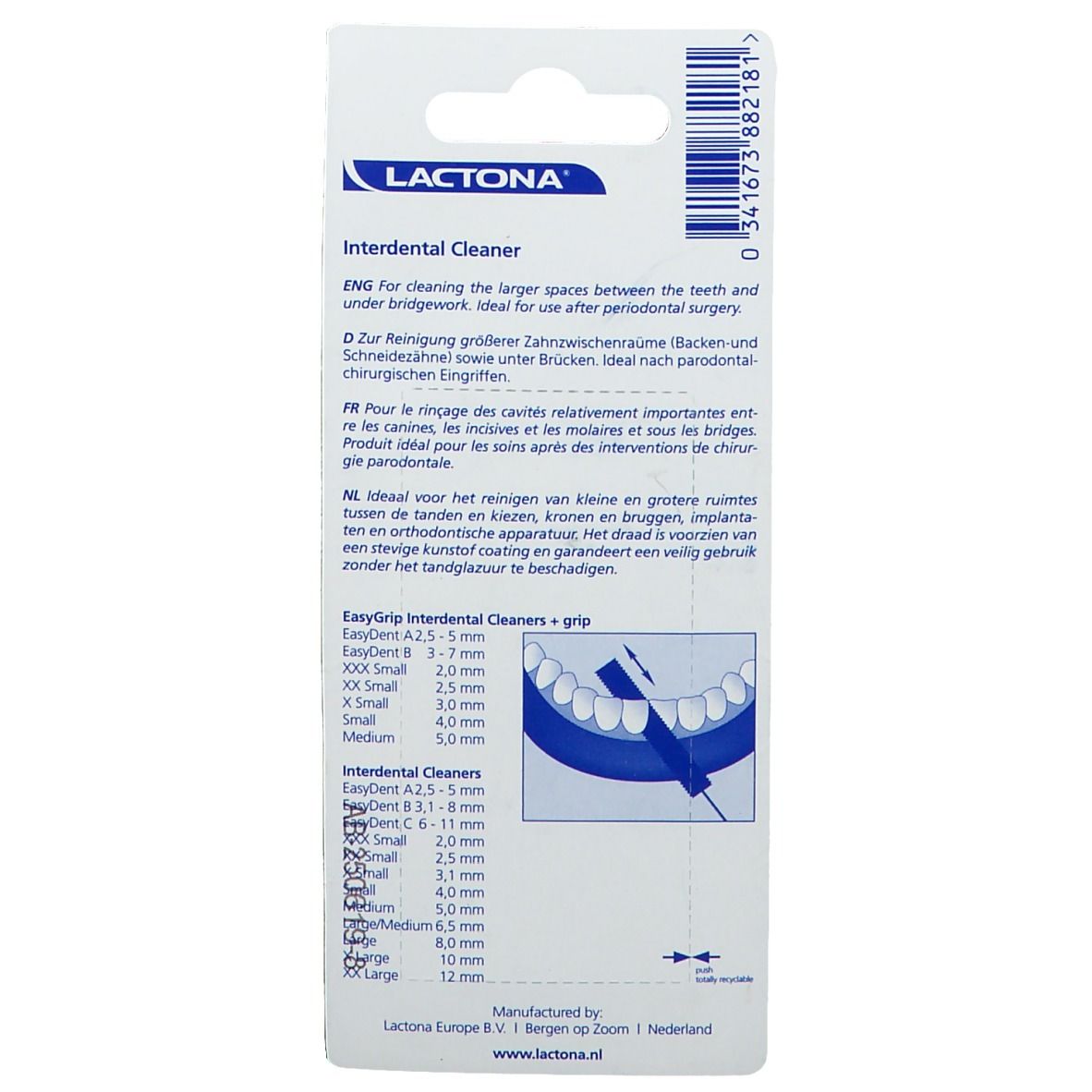 Rückseite der Verpackung. Text: LACTONA Interdental Cleaner. Größenangaben. Illustration der Anwendung.