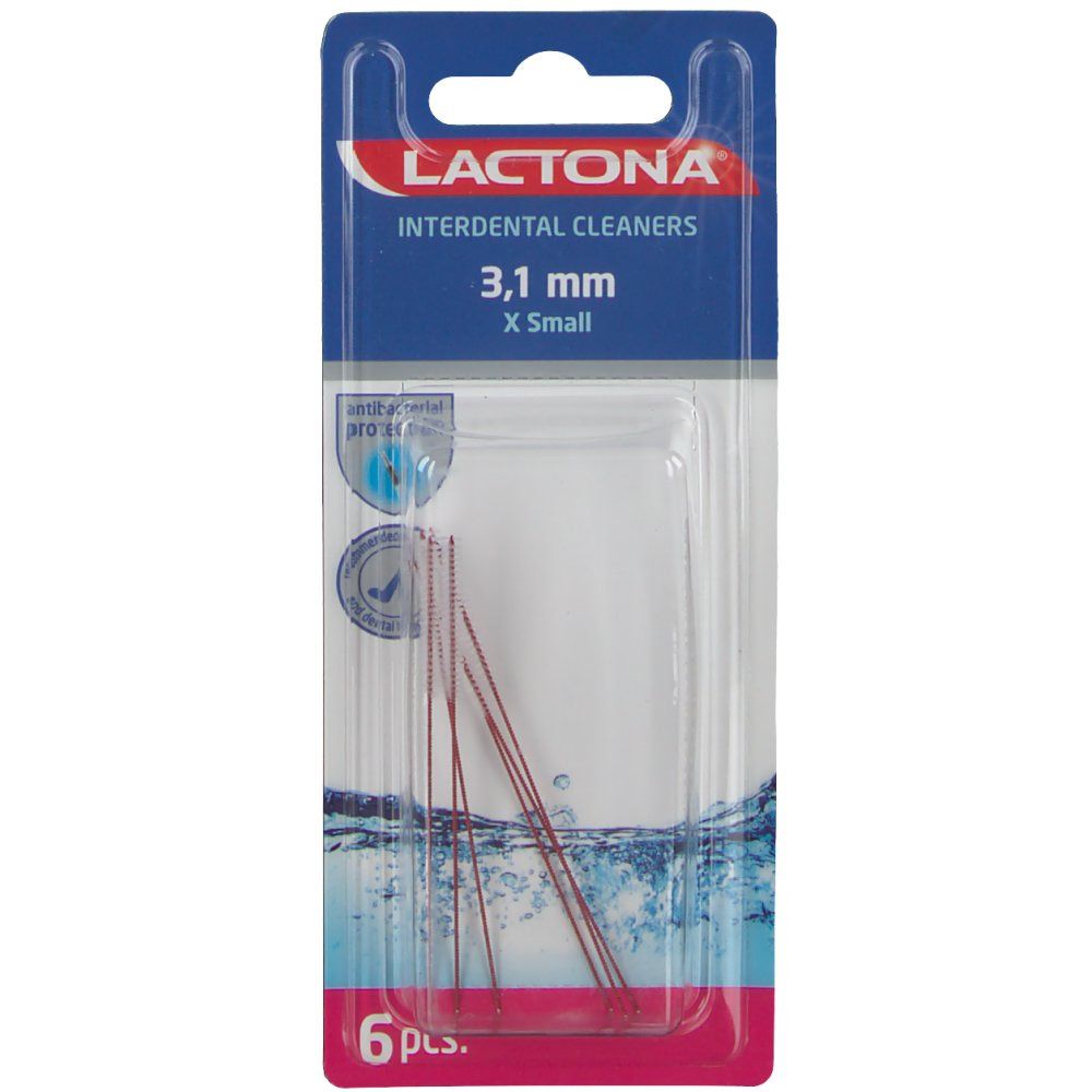 Emballage de cure-dents interdentaires Lactona, 3,1 mm, X Small. Six pièces dans un blister.