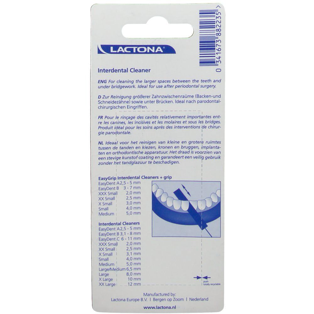 Dos de l'emballage avec informations sur les cure-dents interdentaires. Marque Lactona. Illustration d'une bouche avec une brosse.