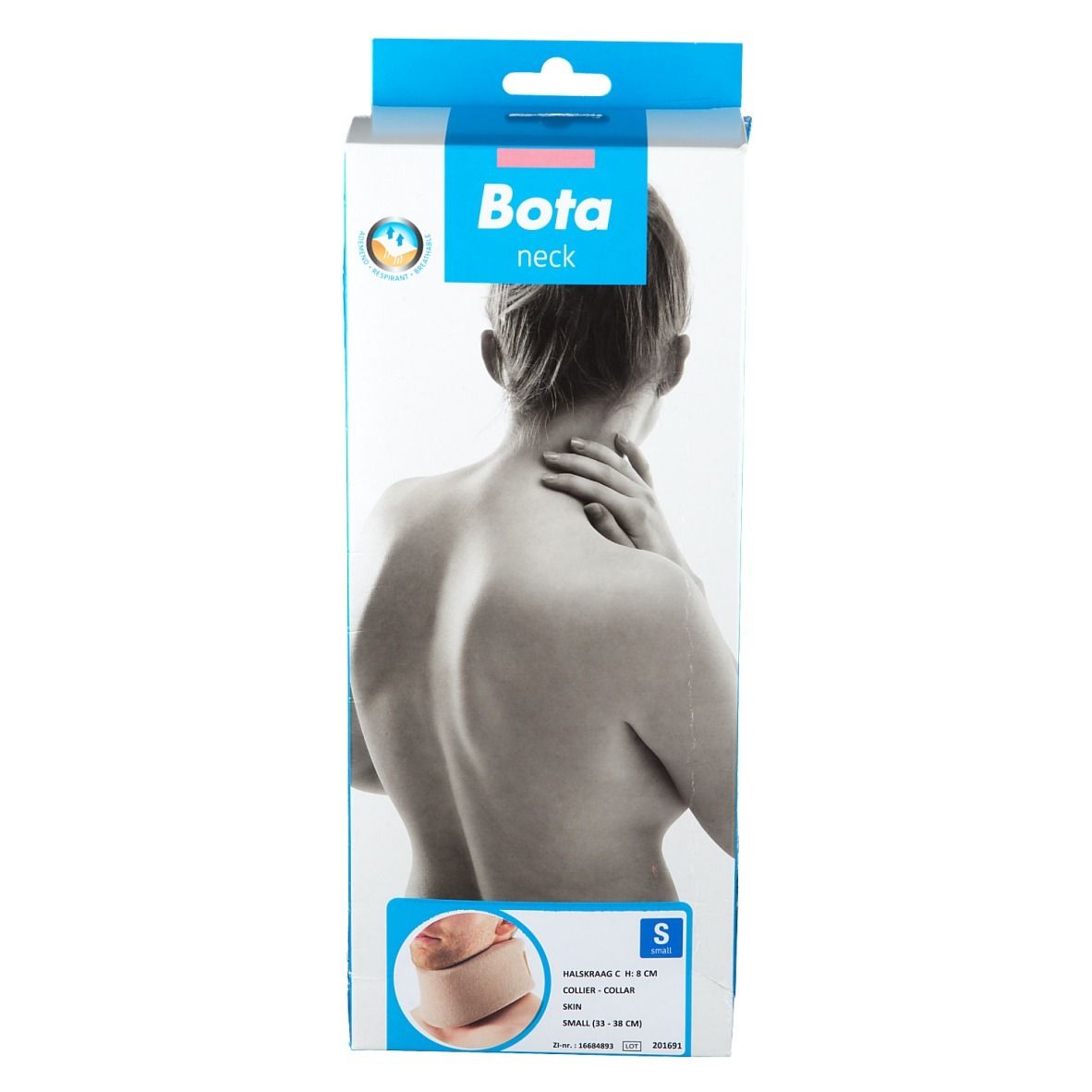 Collier cervical Bota Mod C Skin S, emballage. Inscription : Bota neck, S. Illustration d'une personne portant le collier.