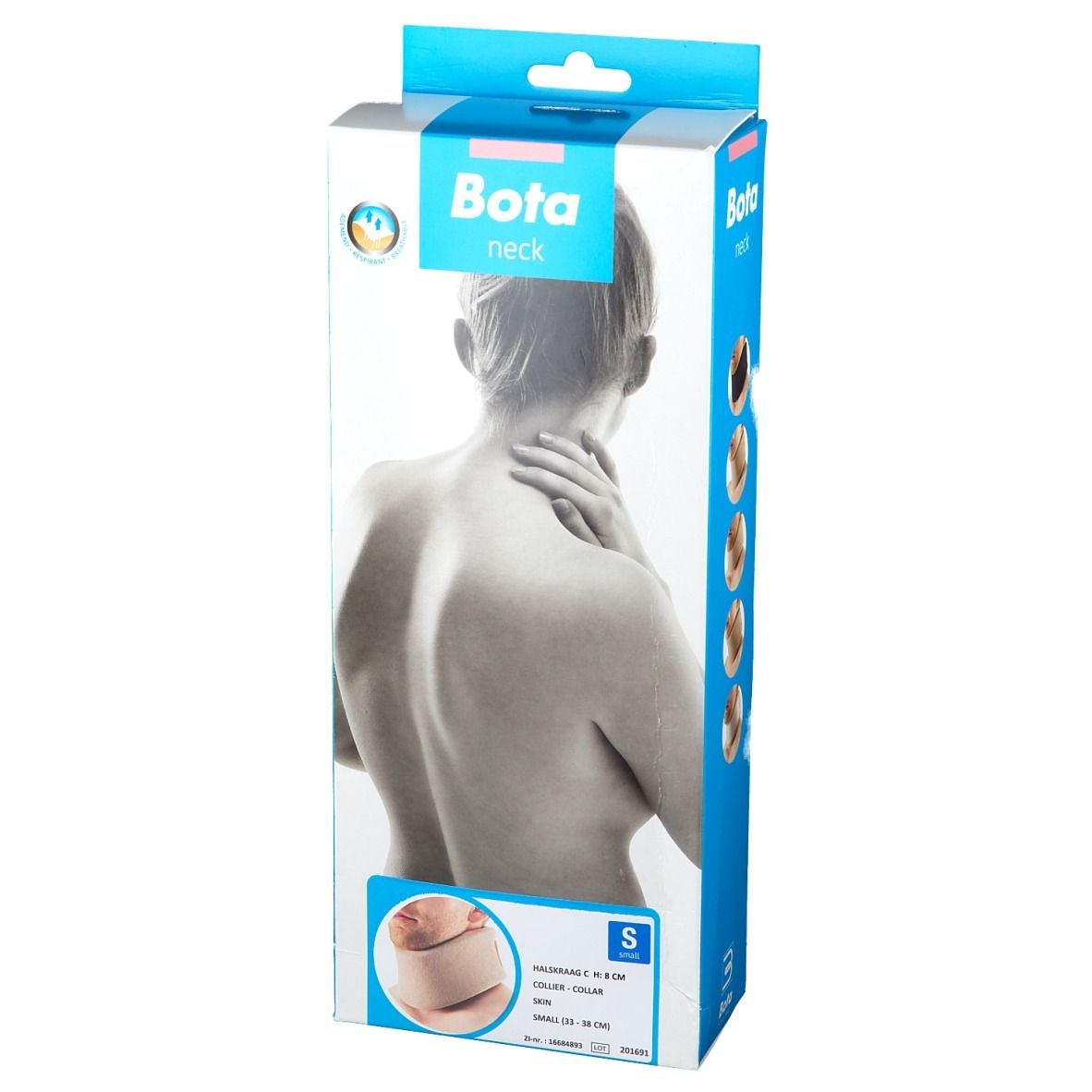 Collier cervical Bota Mod C Skin S, emballage. Inscription : Bota neck, S. Illustration d'une personne portant le collier.