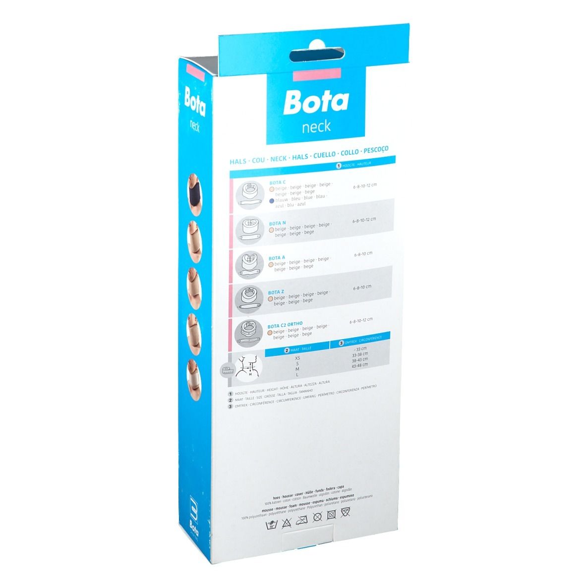 Dos de l'emballage Bota neck. Informations produit et tailles.