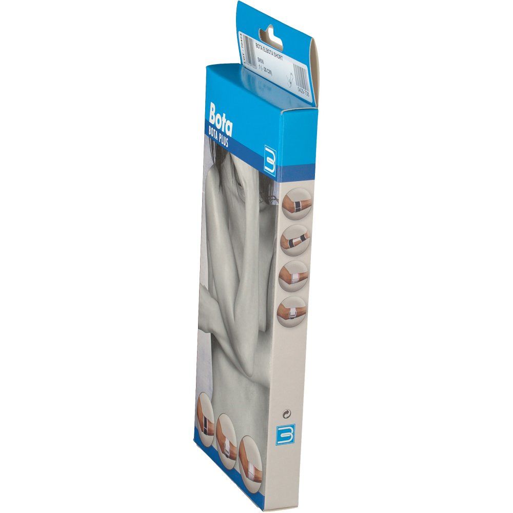 Vue latérale de l'emballage Bota EL-Bandage Short Hautfarbe. Boîte bleue et blanche avec illustration.