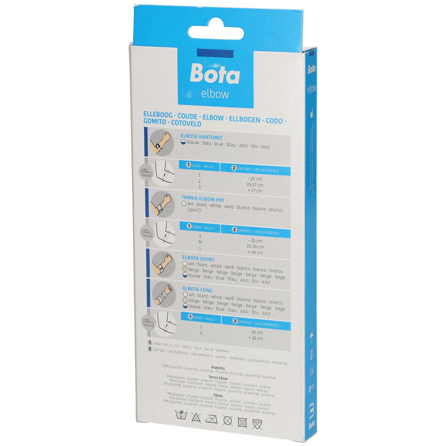 Dos de l'emballage Bota elbow. Illustrations de différents bandages. Indications de taille. Nom du produit et logo.