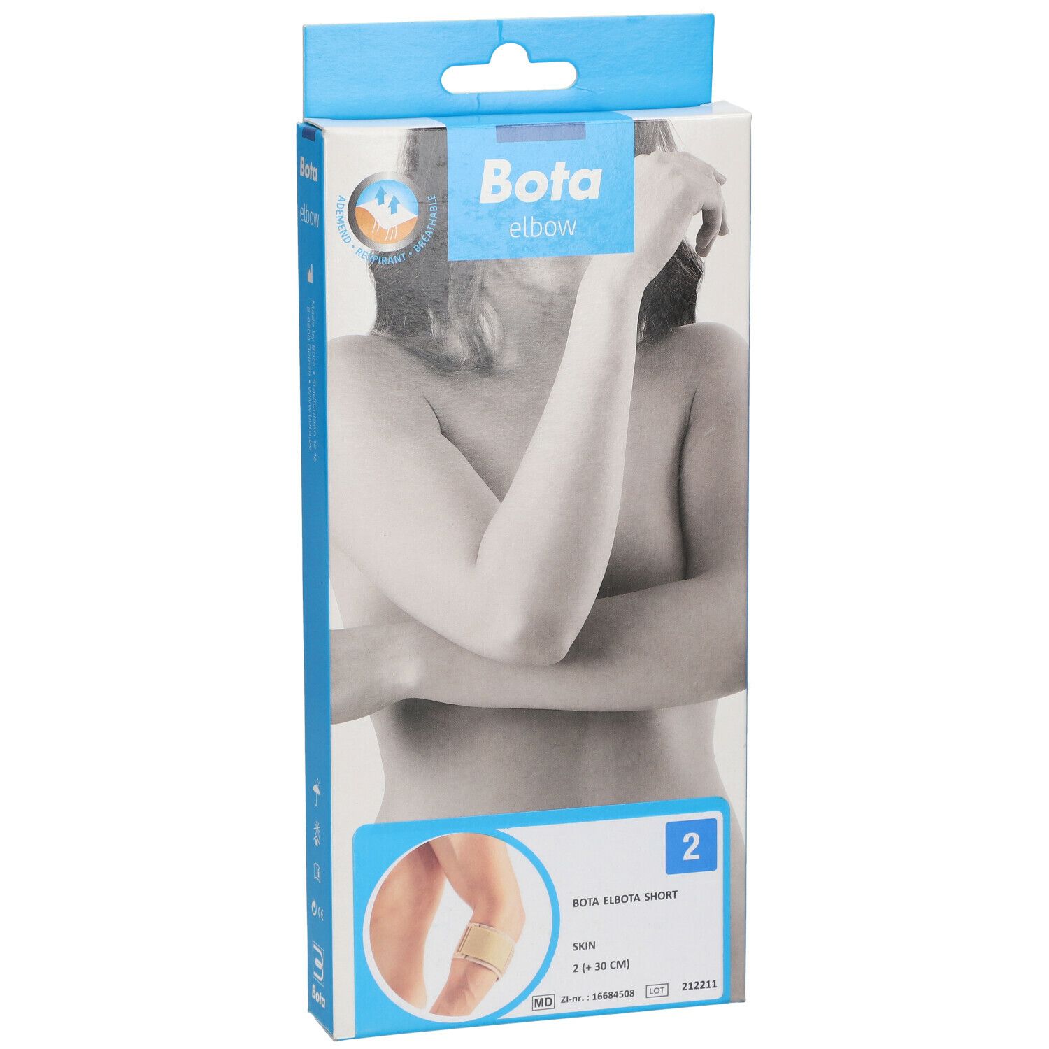 Emballage Bota elbow. Bandage couleur peau sur le bras. Taille 2. Nom du produit et logo.
