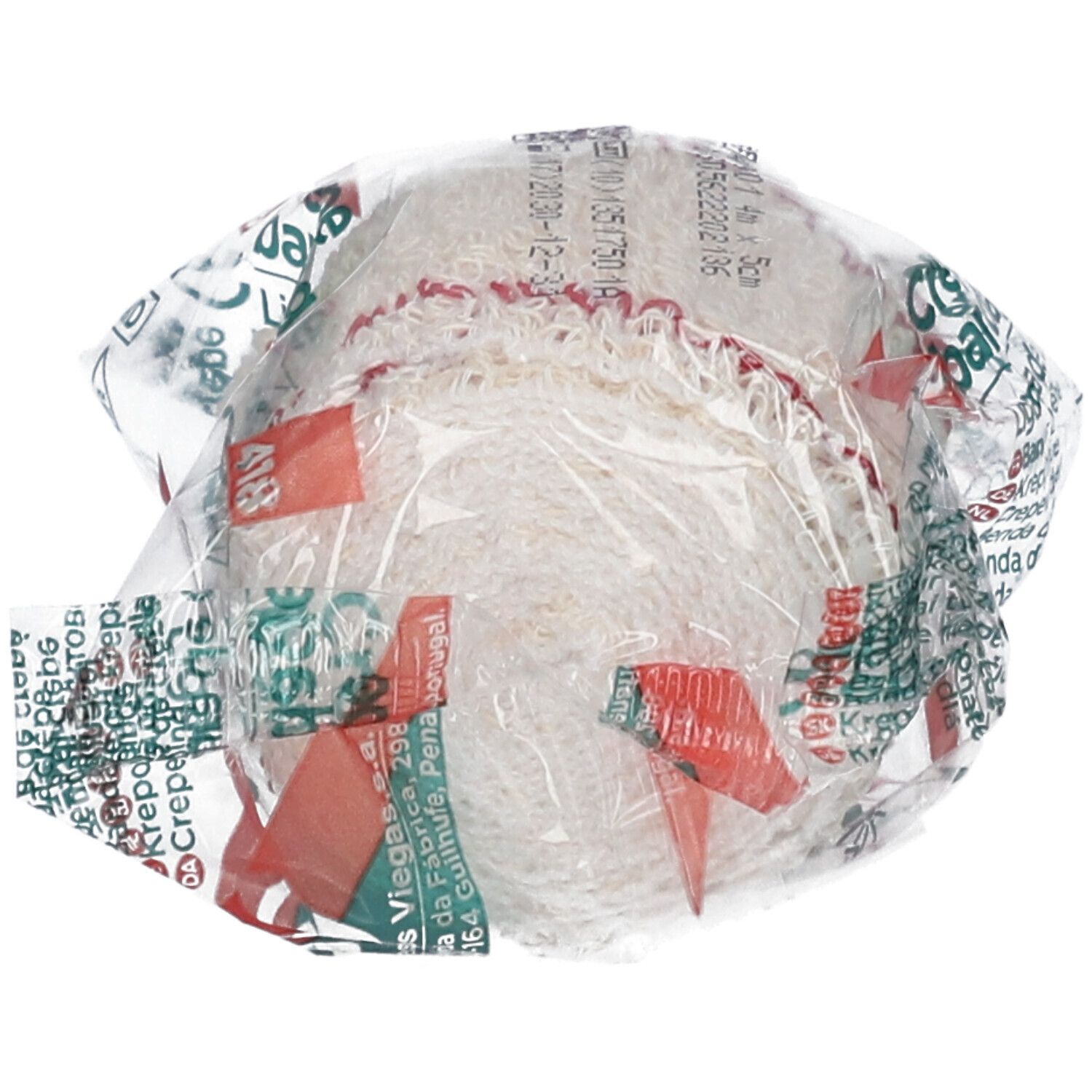 Verbandrolle in Folie verpackt. Aufdruck: Crepe bandage, CE-Zeichen.