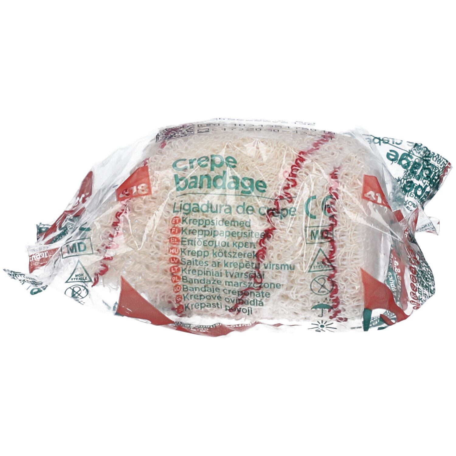 Verbandrolle in Folie verpackt. Aufdruck: Crepe bandage, CE-Zeichen, MD.