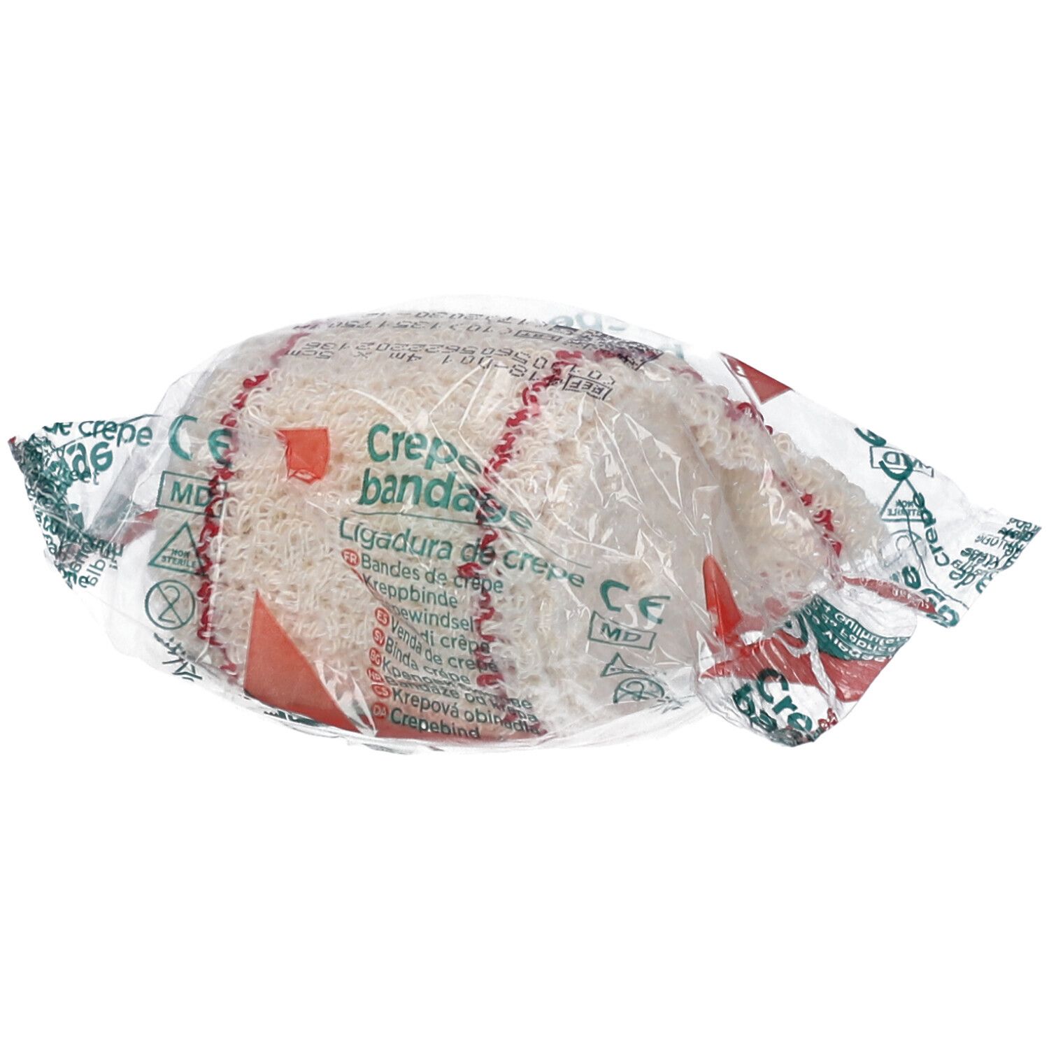 Verbandrolle in Folie verpackt. Aufdruck: Crepe bandage, CE-Zeichen, MD.