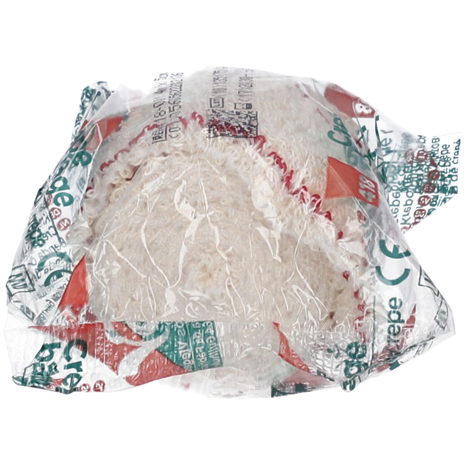 Verbandrolle in Folie verpackt. Aufdruck: Crepe bandage, CE-Zeichen.