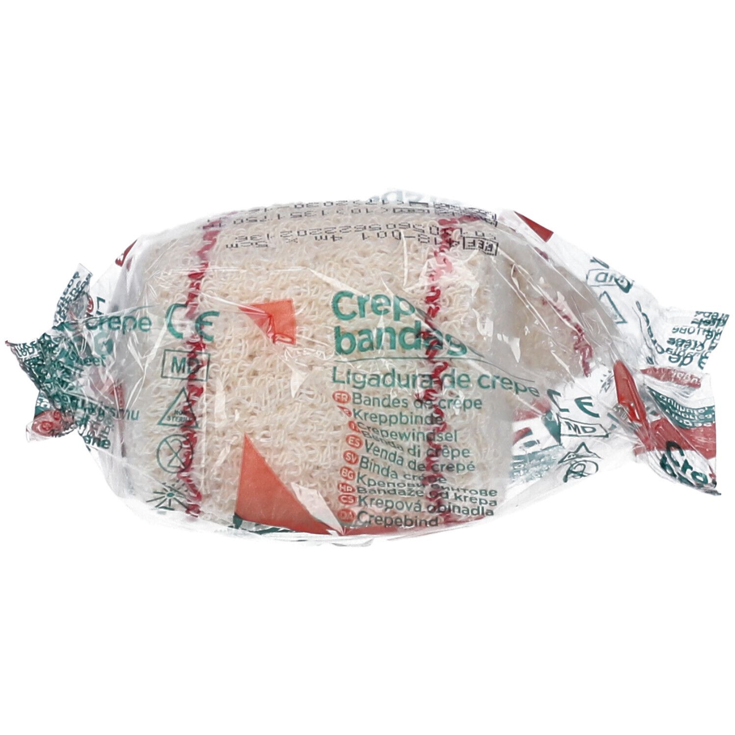 Verbandrolle in Folie verpackt. Aufdruck: Crepe bandage, CE-Zeichen, 418.