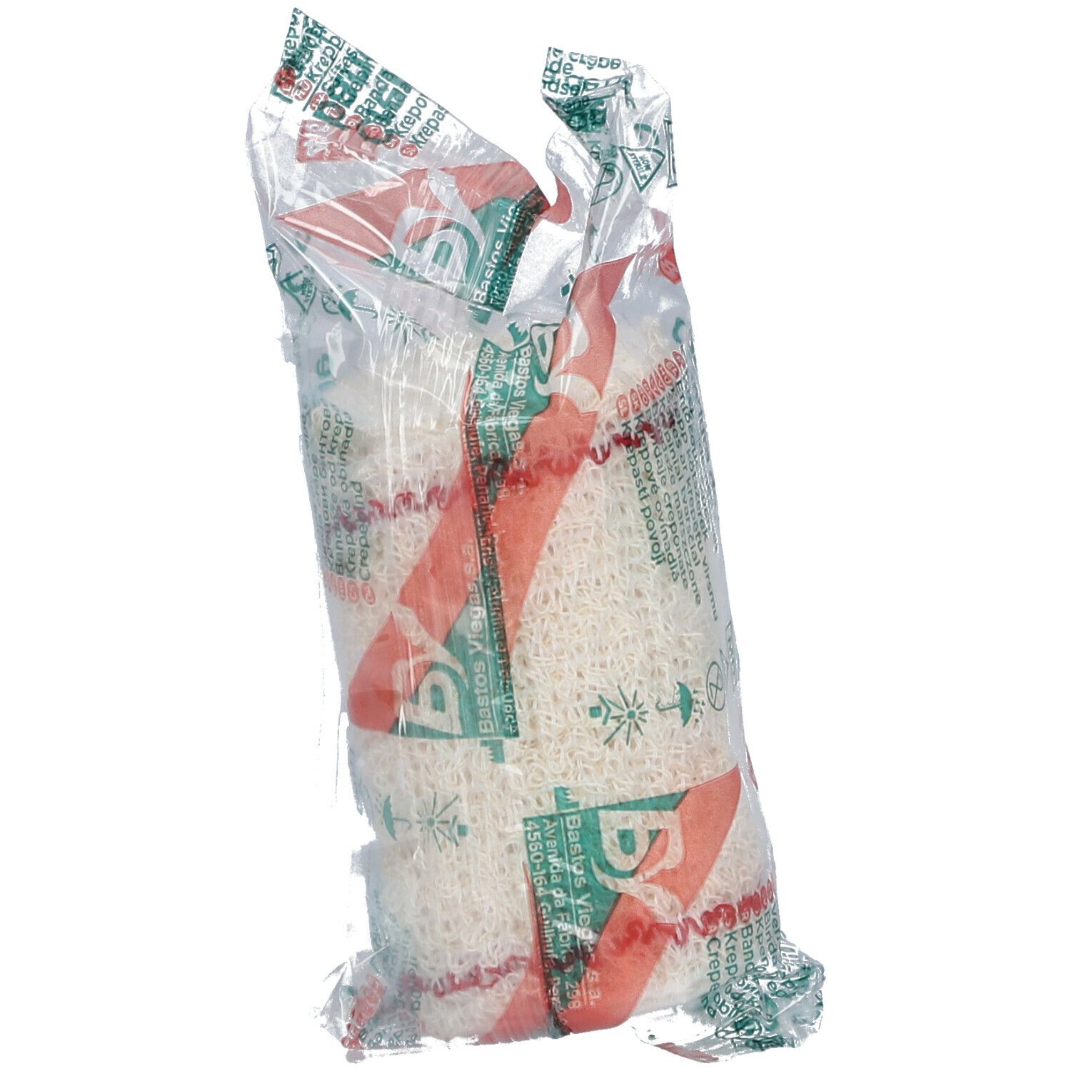 Crêpe bandage in transparante verpakking. Opschrift: Crepe bandage, 418, CE-markering.