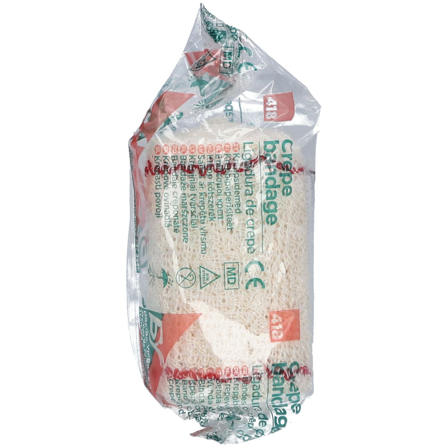 Crêpe bandage in transparante verpakking. Opschrift: Crepe bandage, 418, CE-markering.