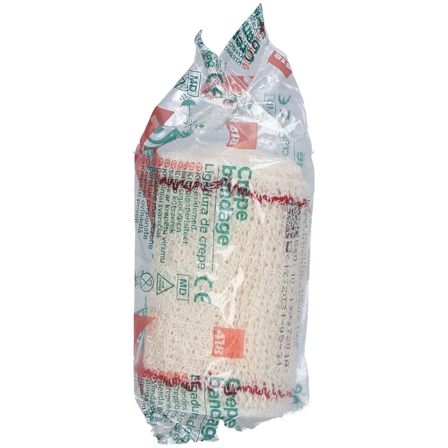 Crêpe bandage in transparante verpakking. Opschrift: Crepe bandage, 418, CE-markering.