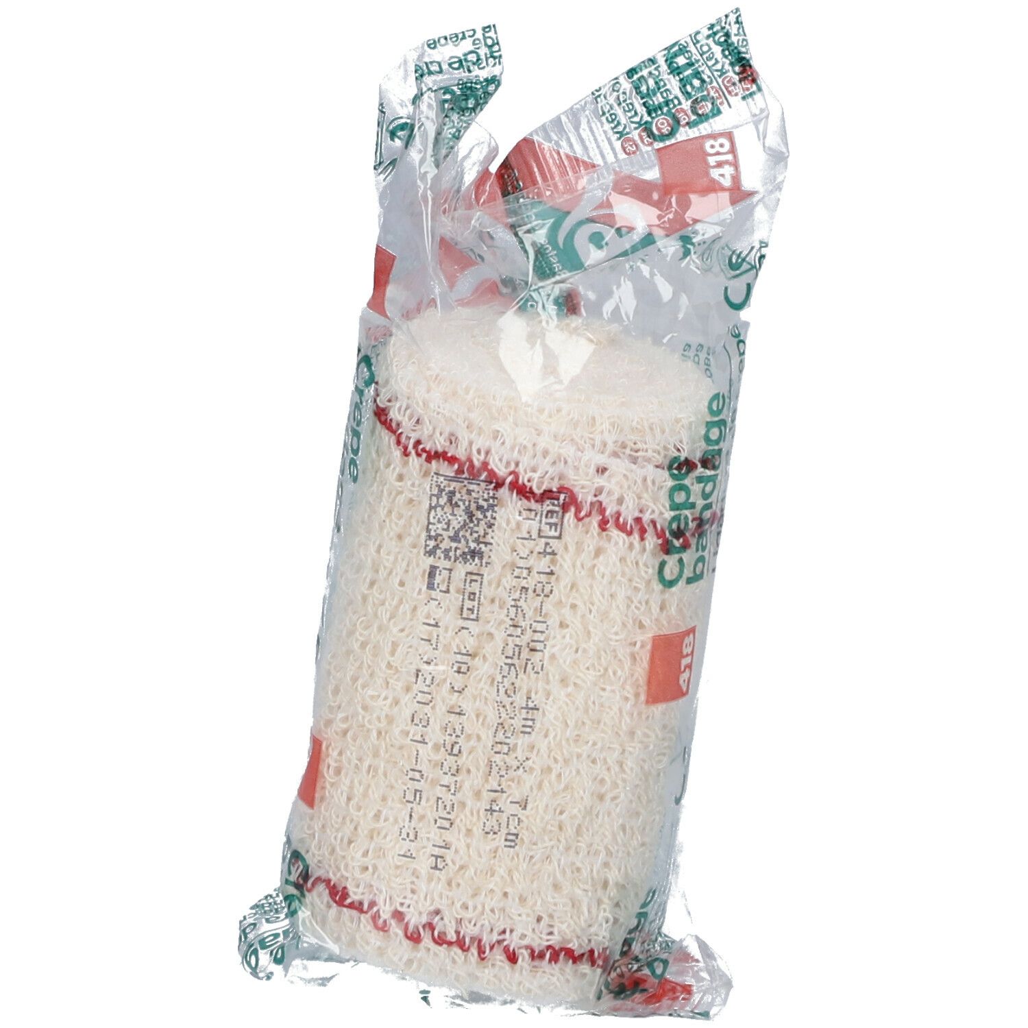 Crêpe bandage in transparante verpakking. Opschrift: Crepe bandage, 418, CE-markering.