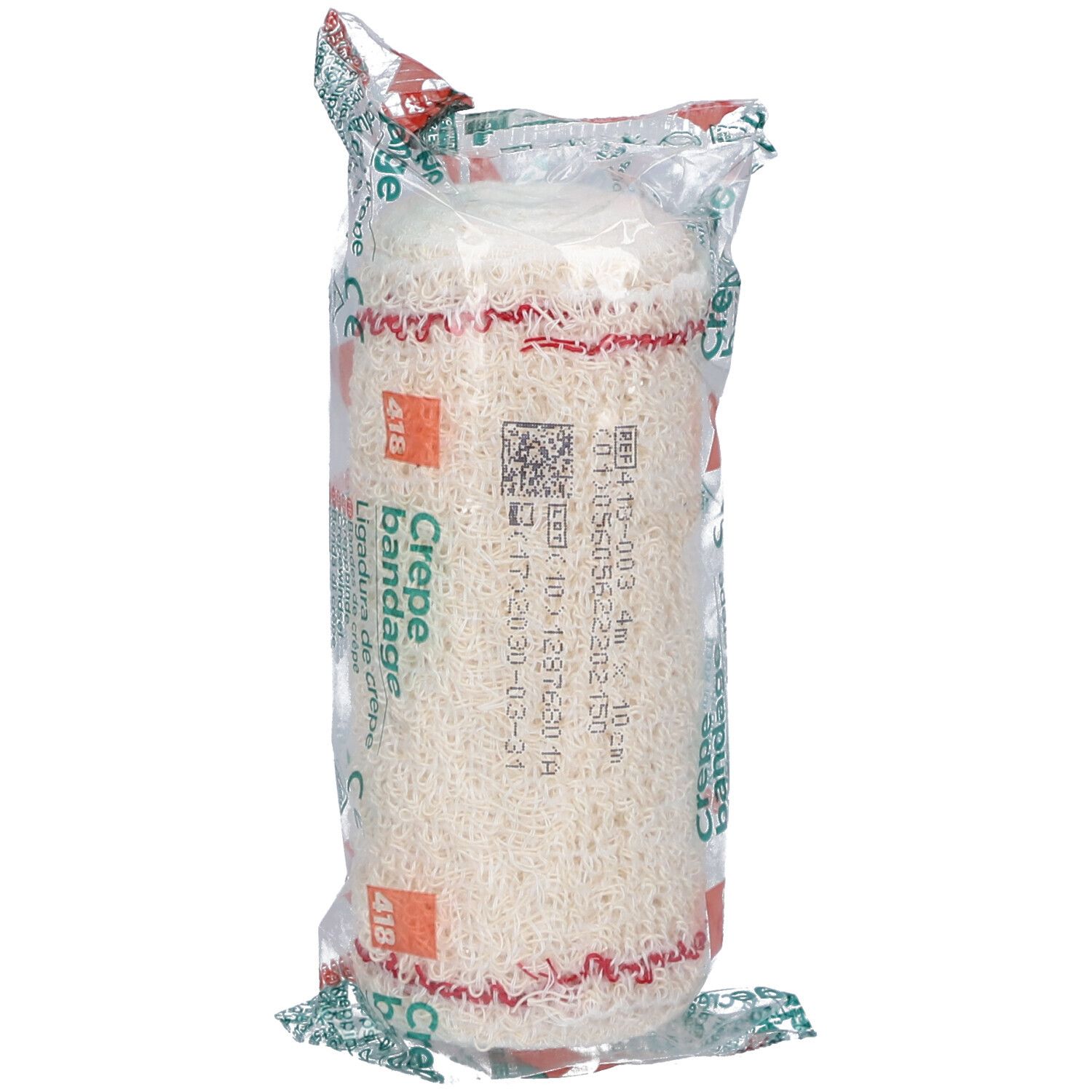 Verbandrolle in transparenter Verpackung. Aufdruck: Crepe Bandage, Ligadura de crepe. Rotes Filet. CE-Zeichen.
