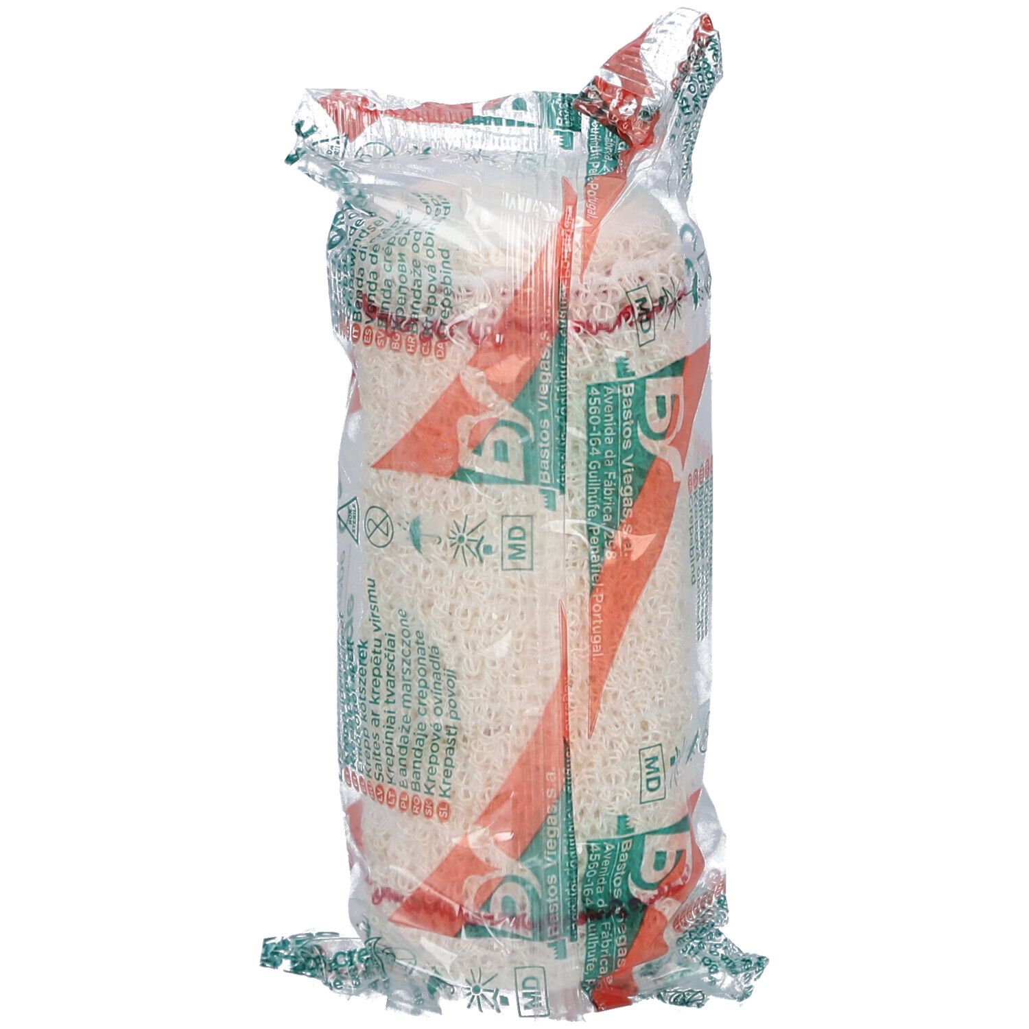 Verbandrolle in transparenter Verpackung. Aufdruck: Crepe Bandage, Ligadura de crepe. Rotes Filet. CE-Zeichen.