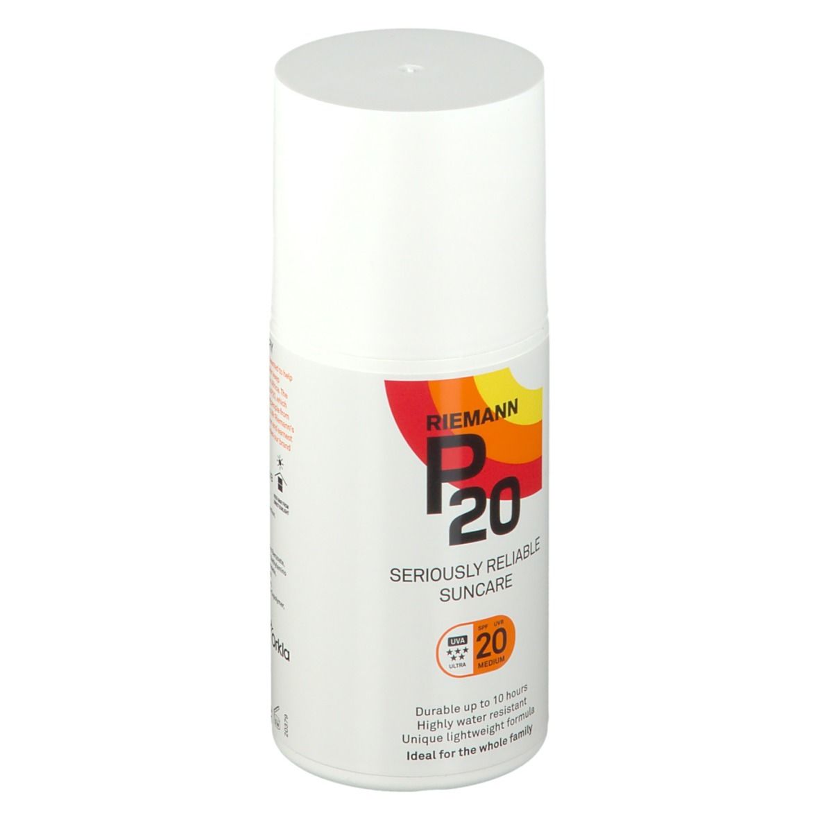 Flacon blanc avec texte. P20 écran solaire. Texte: Durable jusqu'à 10 heures, résistant à l'eau, formule légère unique.