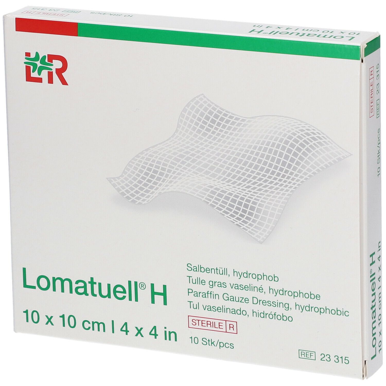 Verpackung von Lomatuell® H. Weiße Box mit grünem Akzent. Produktname und Größenangabe deutlich sichtbar.