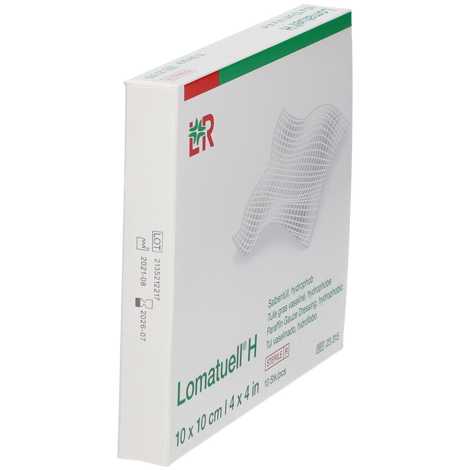 Schräg gestellte Verpackung von Lomatuell® H. Weiße Box mit Produktinformationen und grünen Akzenten.