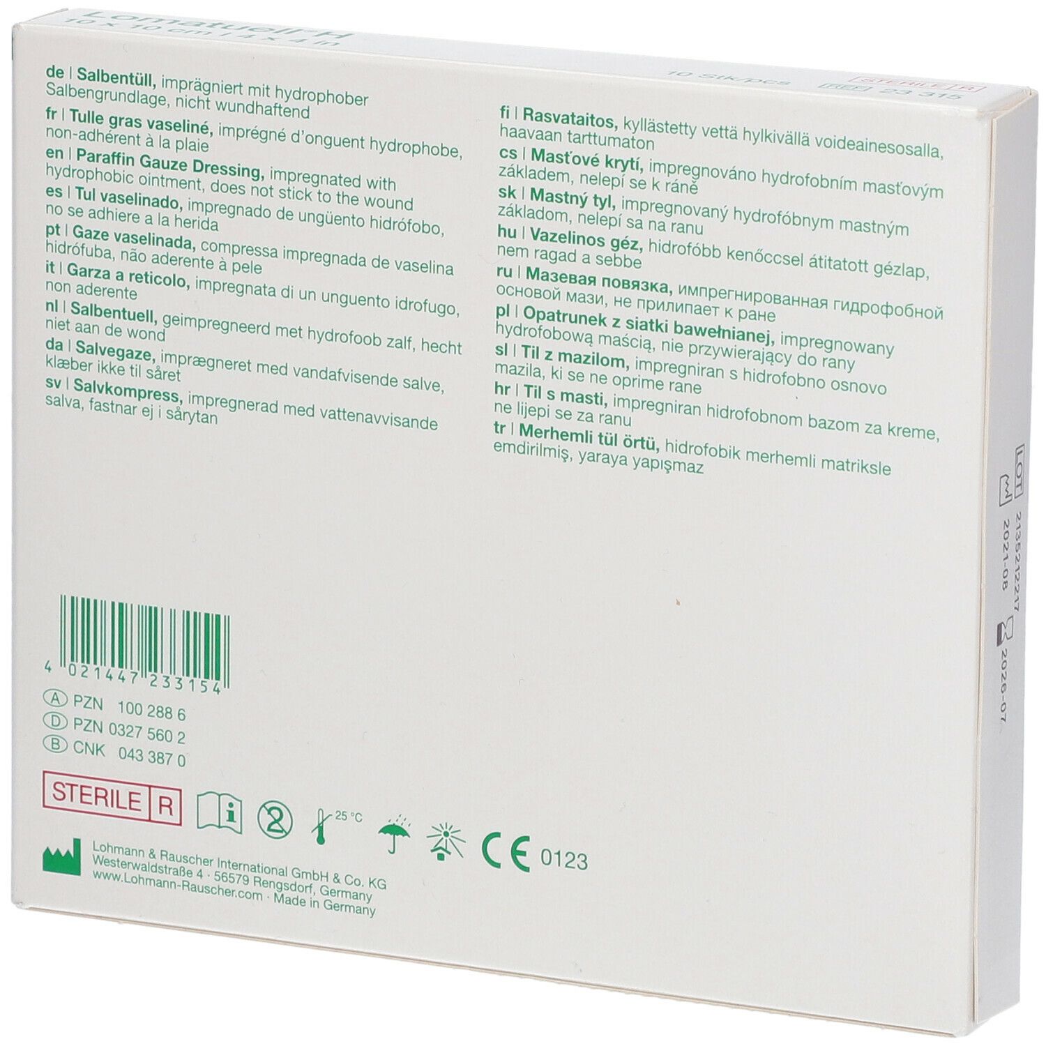 Rückseite der Lomatuell® H Verpackung. Mehrsprachige Produktinformationen auf weißem Hintergrund.
