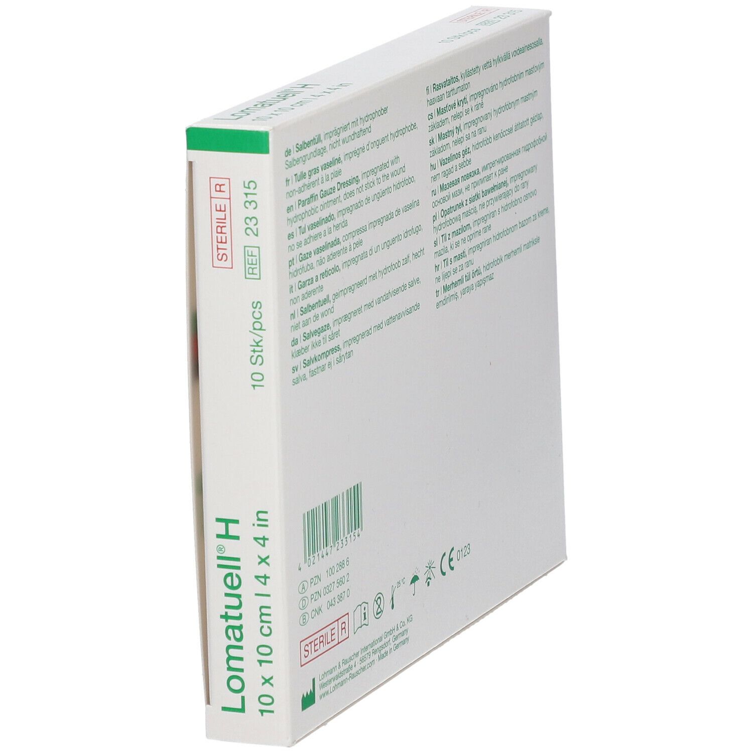 Schräg gestellte Verpackung von Lomatuell® H. Weiße Box mit Produktinformationen und grünen Akzenten.