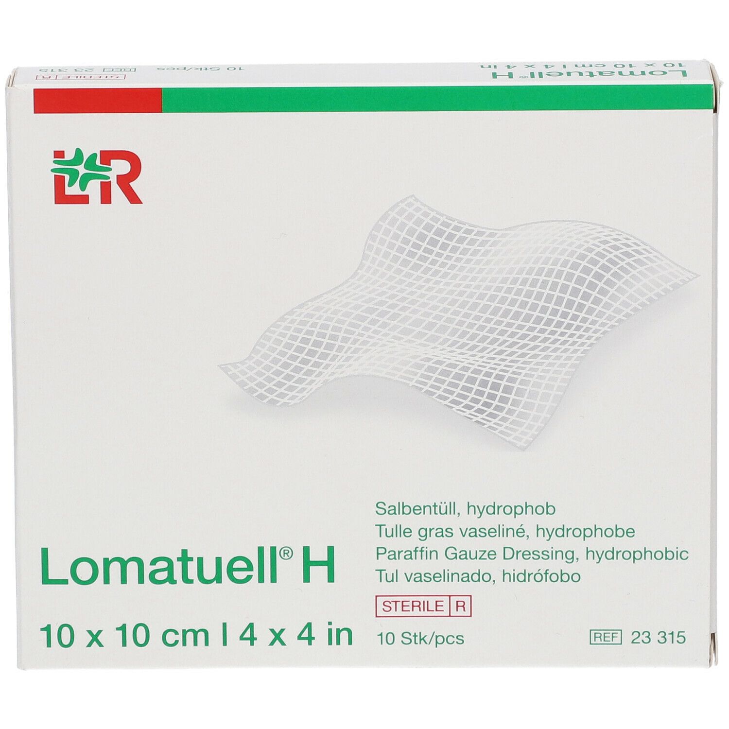 Verpackung von Lomatuell® H. Weiße Box mit grünem Akzent. Produktname und Größenangabe deutlich sichtbar.
