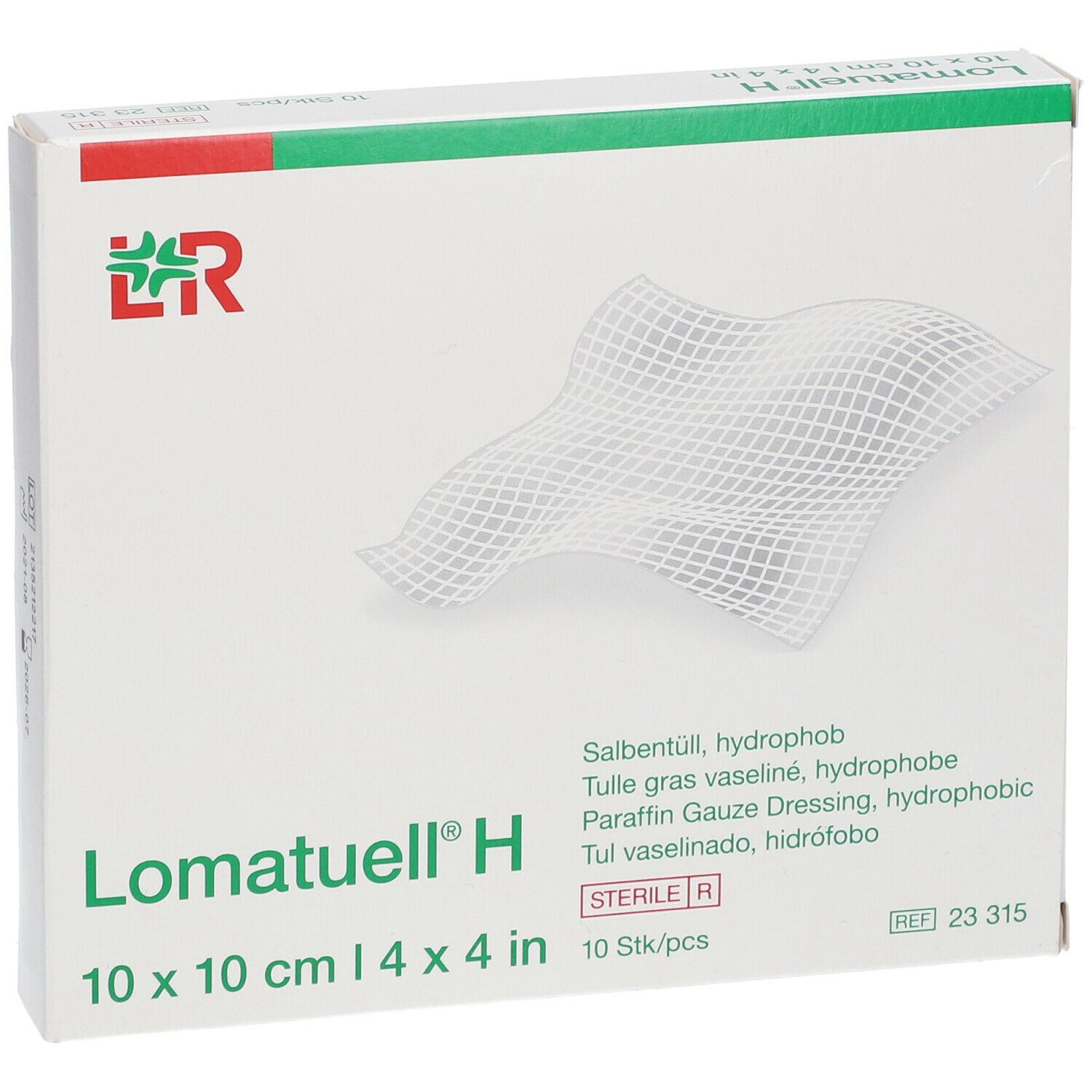 Verpackung von Lomatuell® H. Weiße Box mit grünem Akzent. Produktname und Größenangabe deutlich sichtbar.