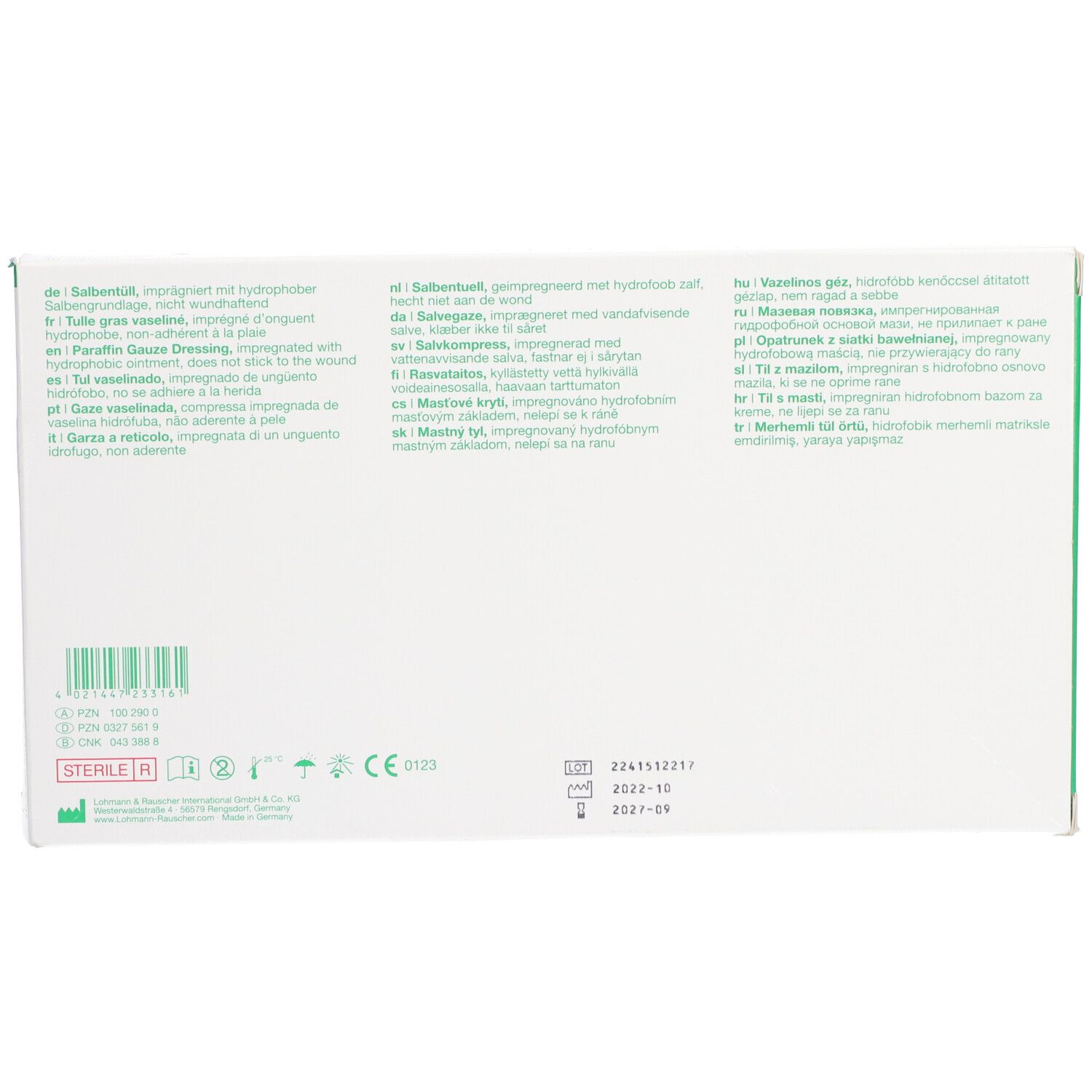 Dos de l'emballage Lomatuell® H. Texte multilingue. Informations sur le fabricant et la stérilité.