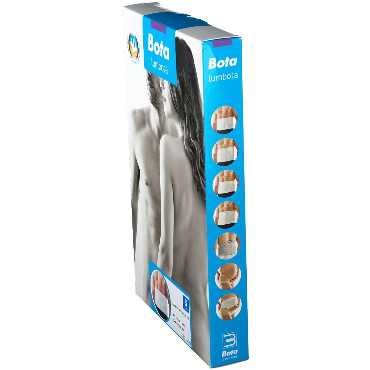 Emballage Bota Lumbota Ortho S. Vue latérale avec nom du produit et illustrations. Taille S. Logo Bota.