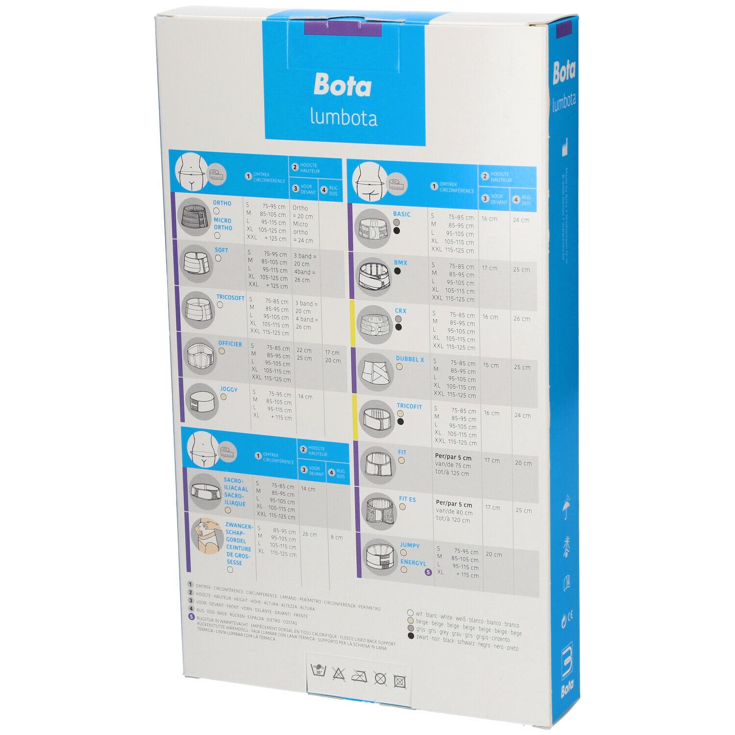 Dos de l'emballage Bota Lumbota Ortho Gr. M. Informations sur les tailles et le produit.