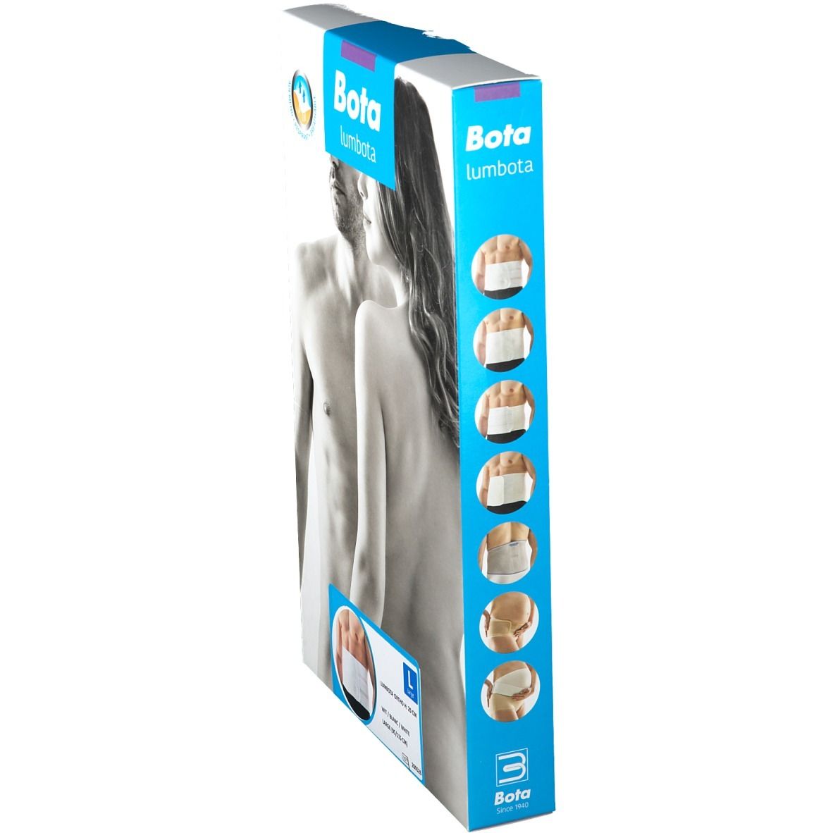 Vue latérale de l'emballage Bota Lumbota Ortho L. Nom du produit, illustrations du produit et informations de taille. Taille L.