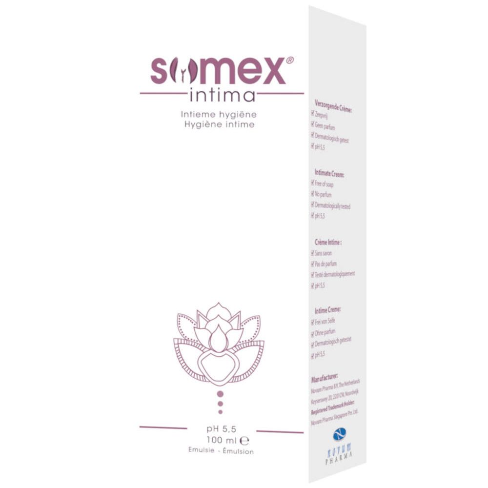 Dépliant avec informations produit. Inscription: Somex intima, Hygiène intime, pH 5,5, 100 ml. Logo fleur de lotus.