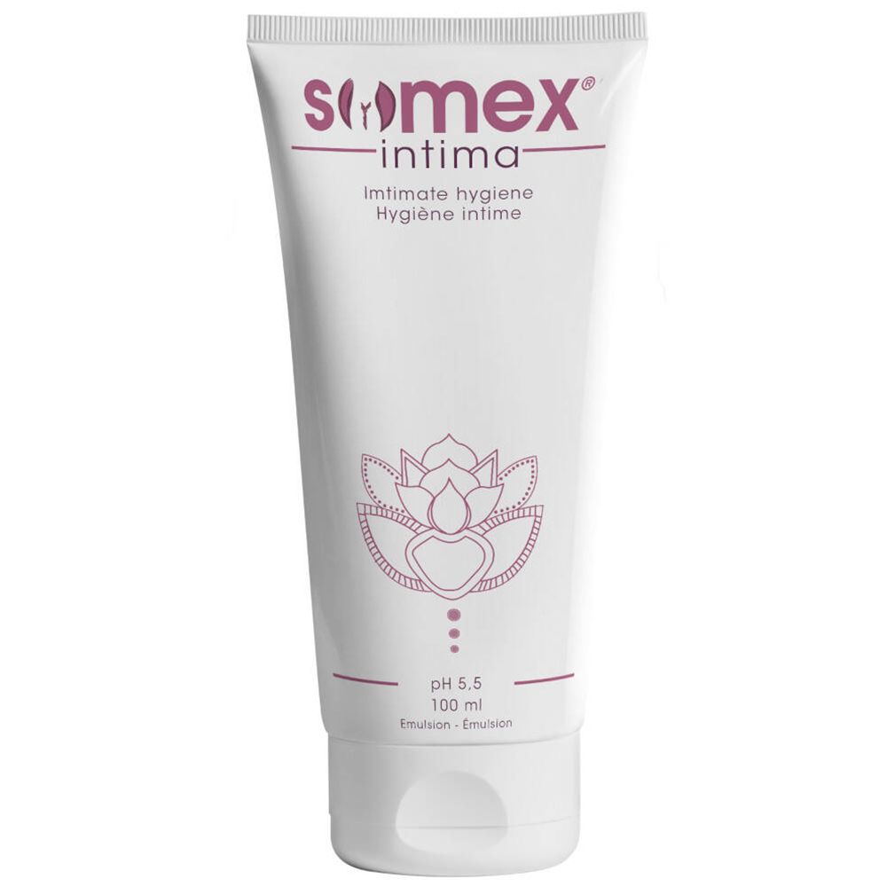 Tube blanc avec bouchon à vis. Inscription: Somex intima, Hygiène intime, pH 5,5, 100 ml. Logo fleur de lotus.