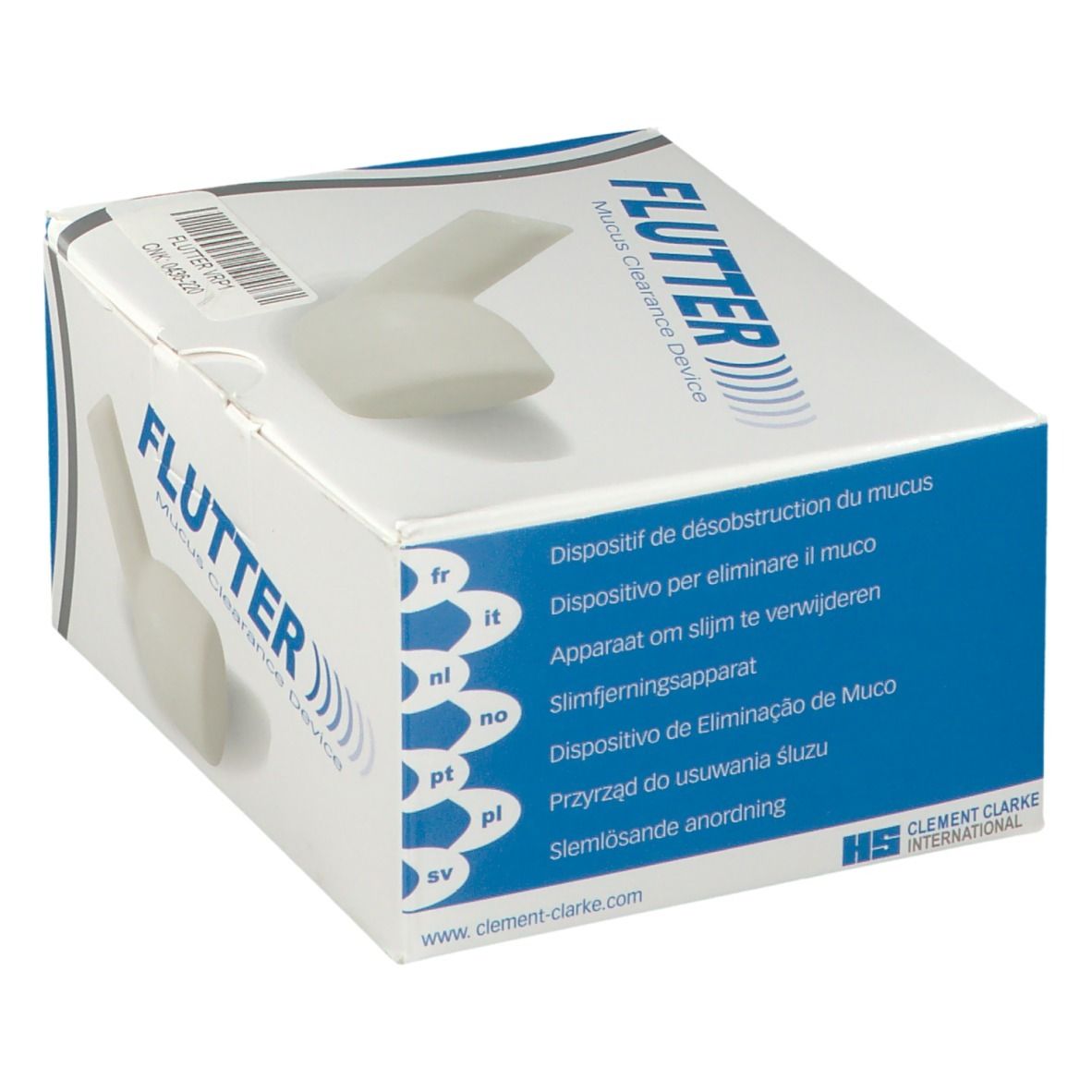 Emballage du dispositif Flutter. Carton blanc et bleu. Informations produit multilingues.