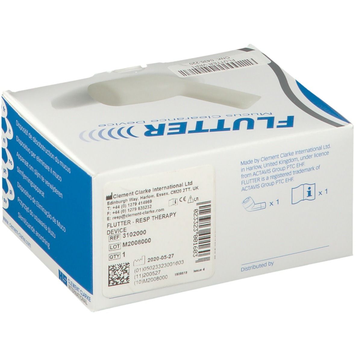 Emballage du dispositif Flutter. Carton blanc avec informations produit et code QR. Coordonnées du fabricant.