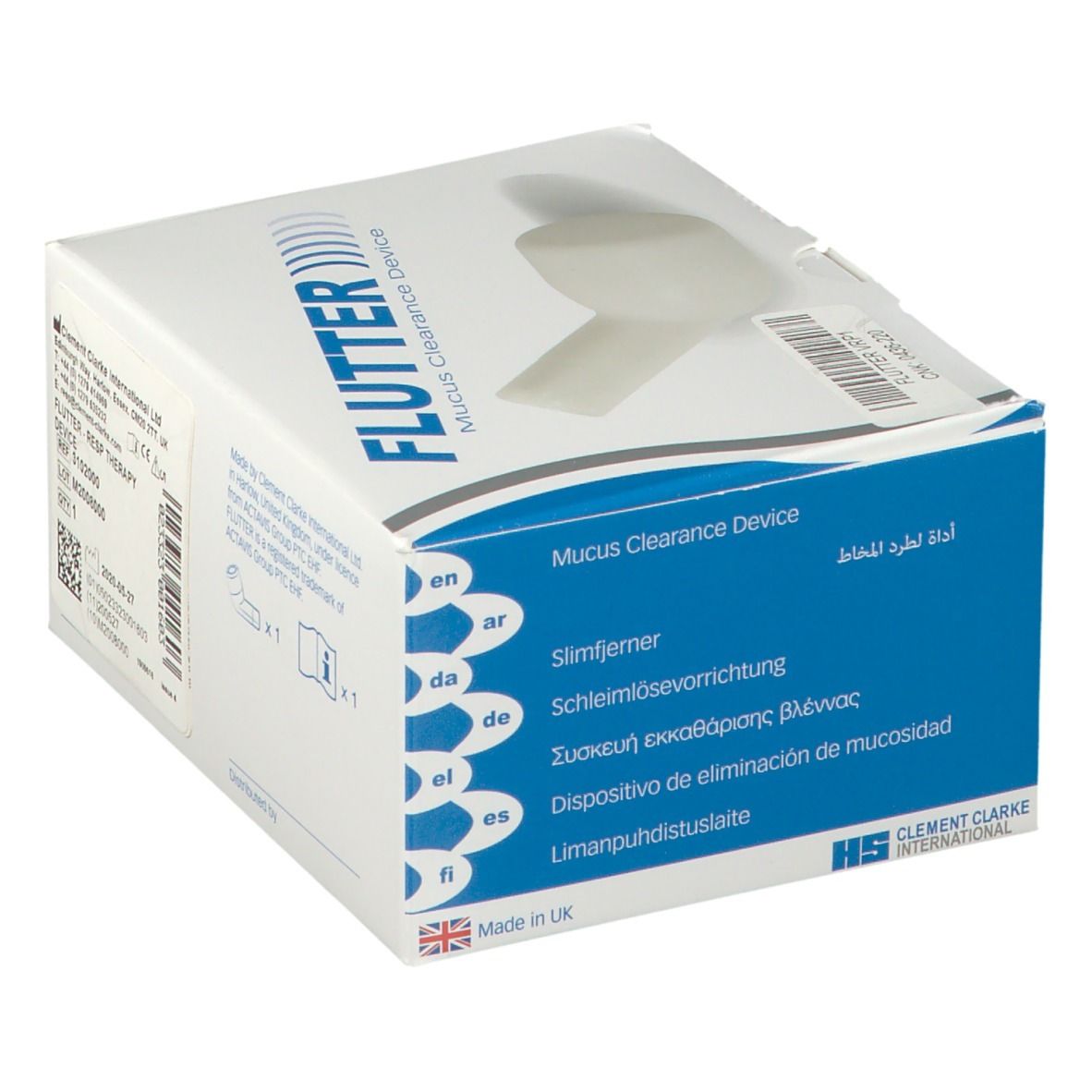 Emballage du dispositif Flutter. Carton blanc avec informations produit multilingues. Fabriqué au Royaume-Uni.