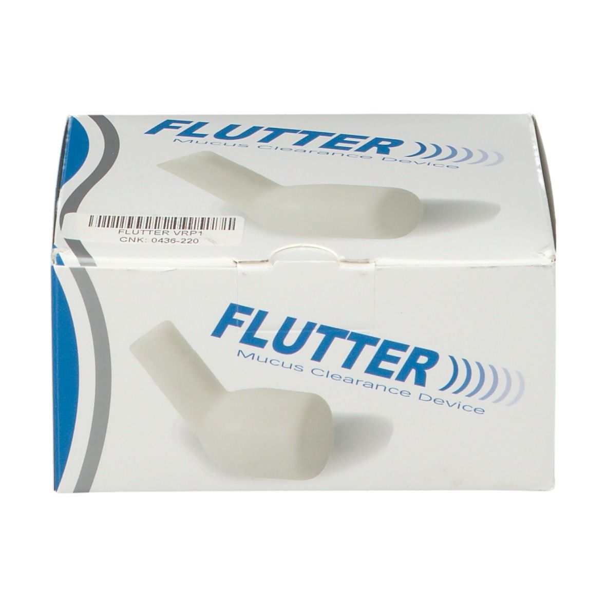 Boîte du dispositif Flutter. Carton blanc et bleu. Nom du produit et appareil représentés.