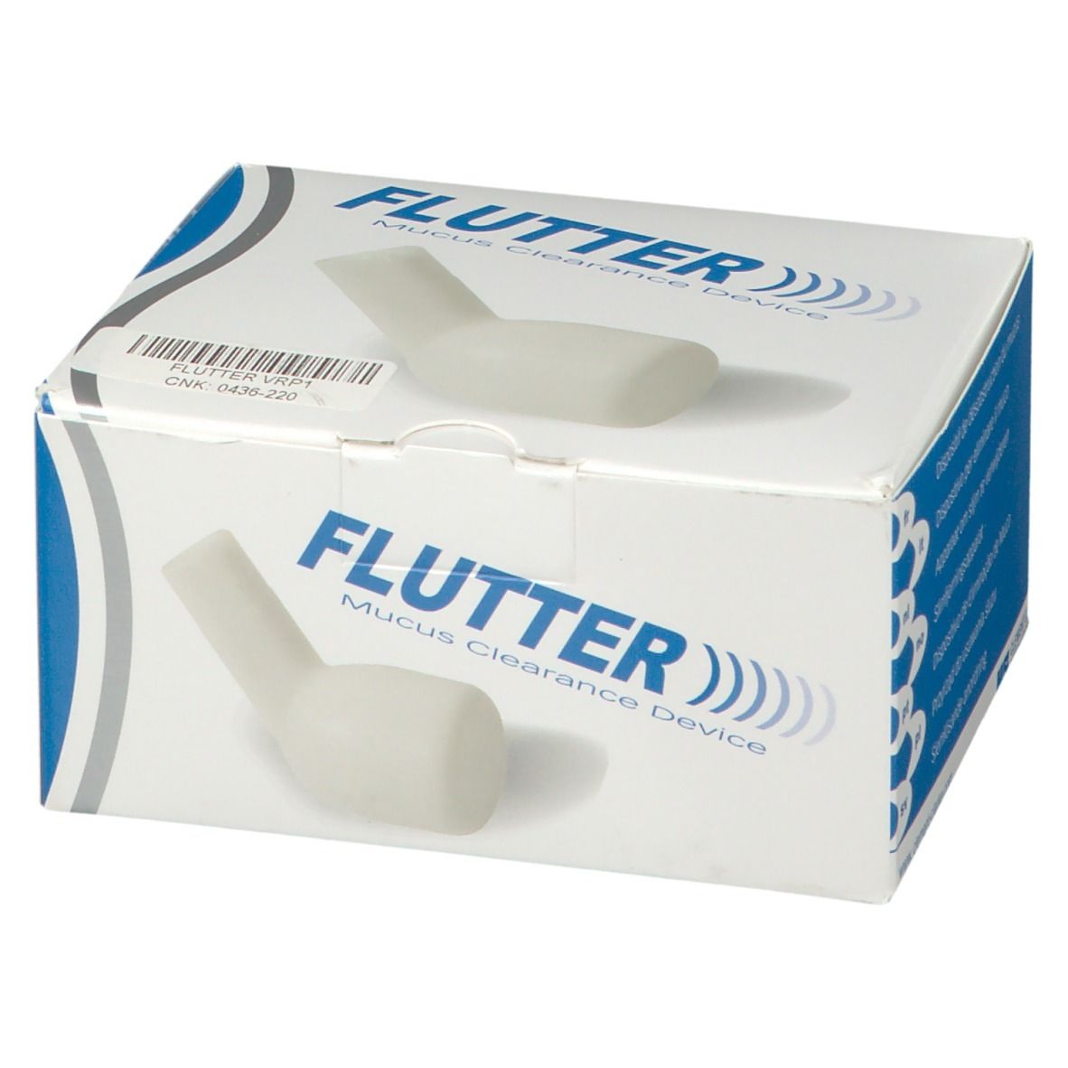 Boîte du dispositif Flutter. Carton blanc et bleu. Nom du produit et appareil représentés.