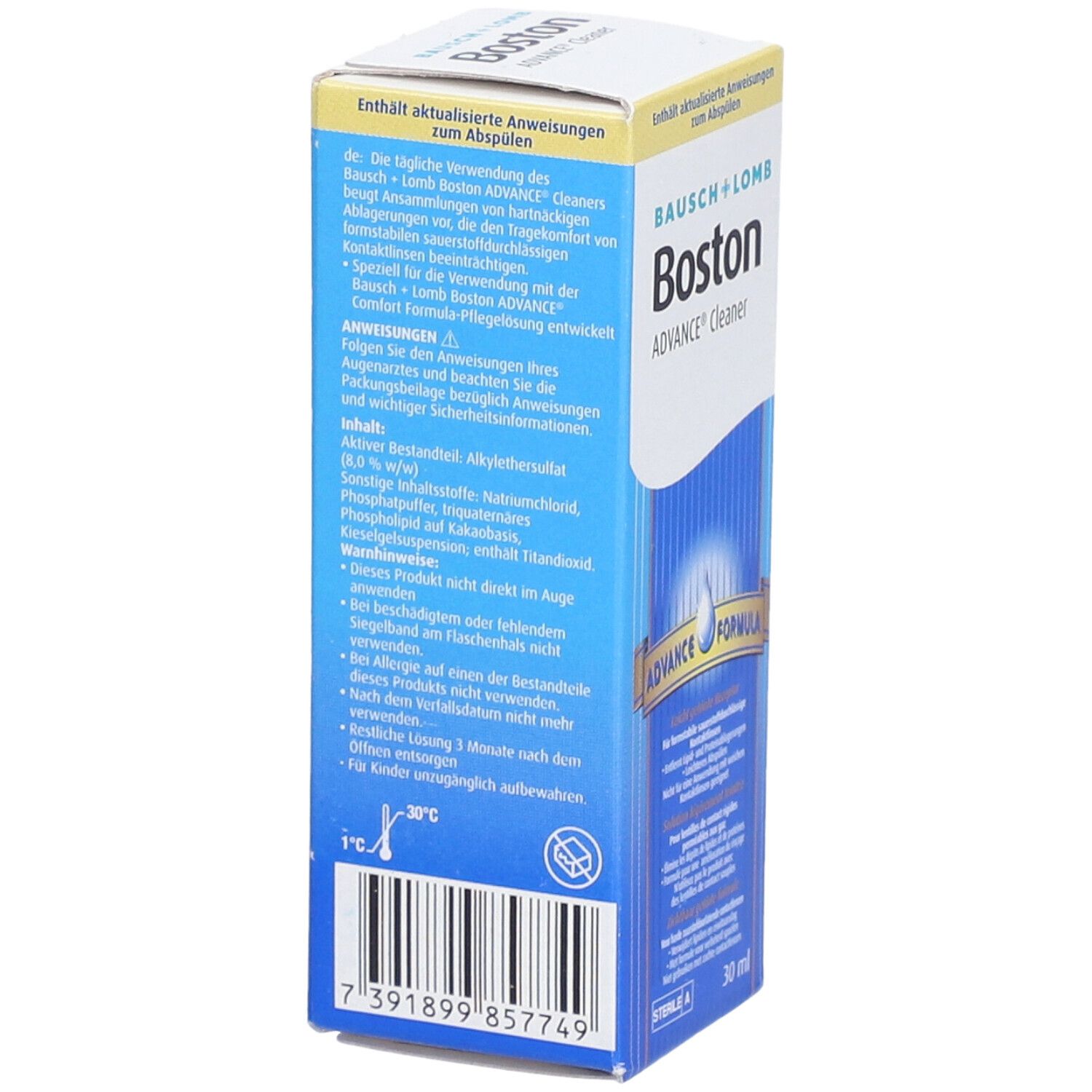 Achterkant van de verpakking Bausch + Lomb Boston ADVANCE Cleaner. Tekstinformatie, ingrediënten, barcode en CE-markering.