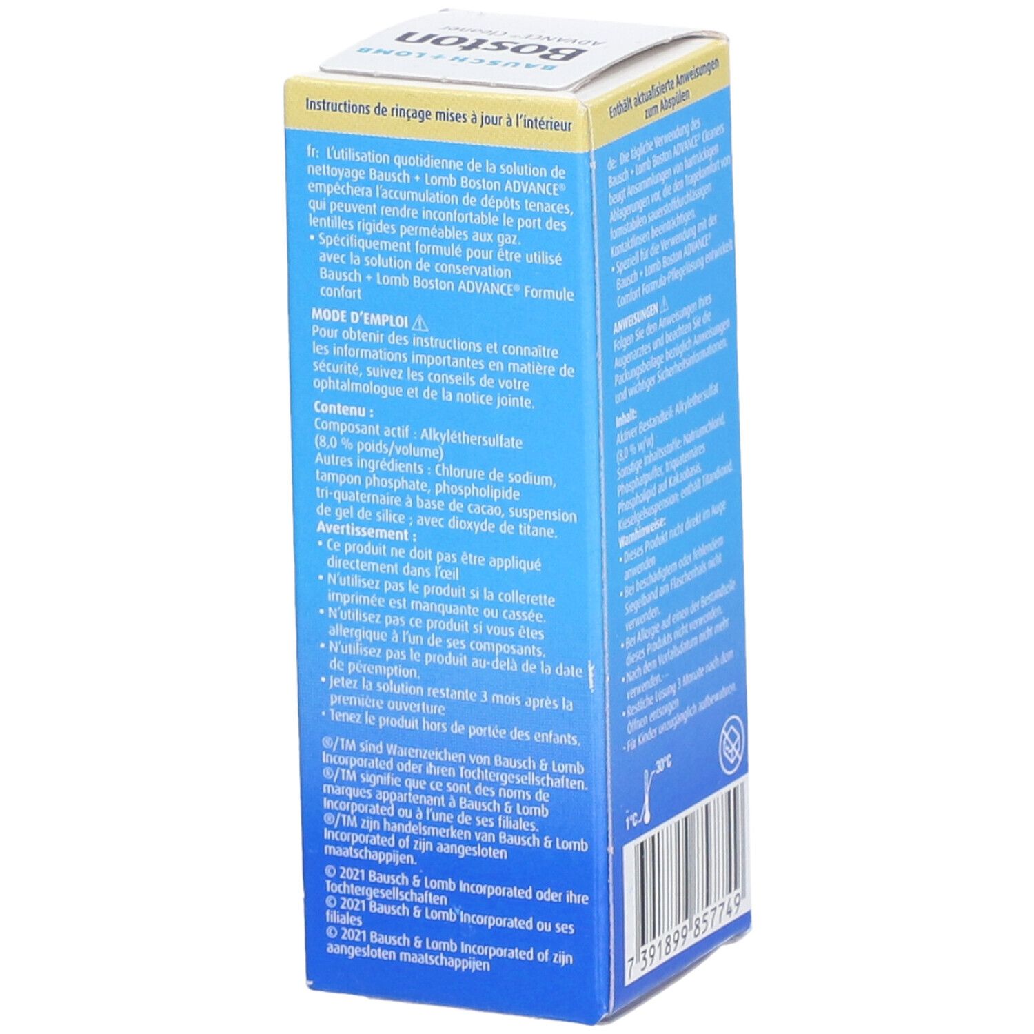 Zijkant van de verpakking Bausch + Lomb Boston ADVANCE Cleaner. Tekstinformatie, barcode en CE-markering.