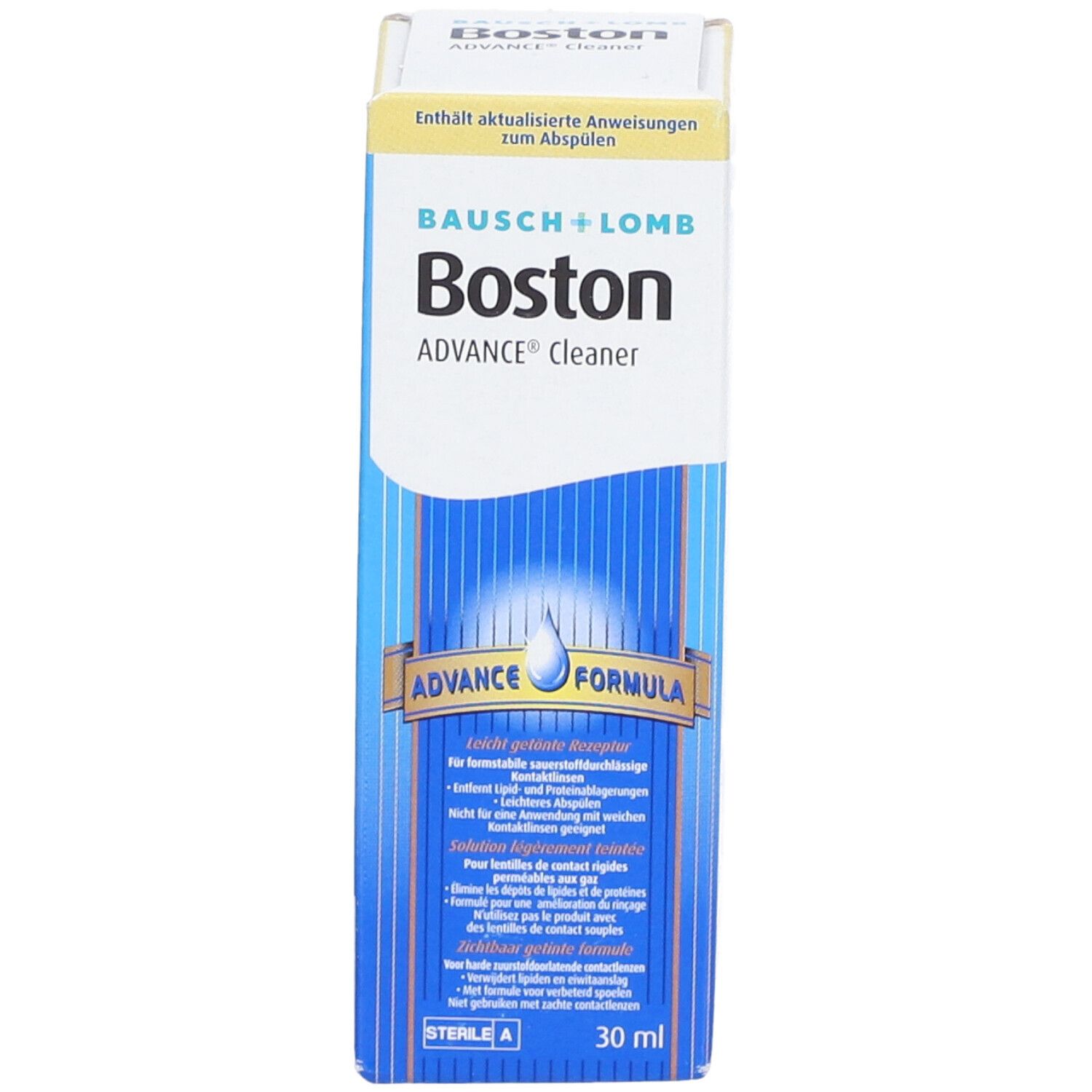 Verpakking Bausch + Lomb Boston ADVANCE Cleaner. Blauw-witte verpakking met productinformatie en logo.