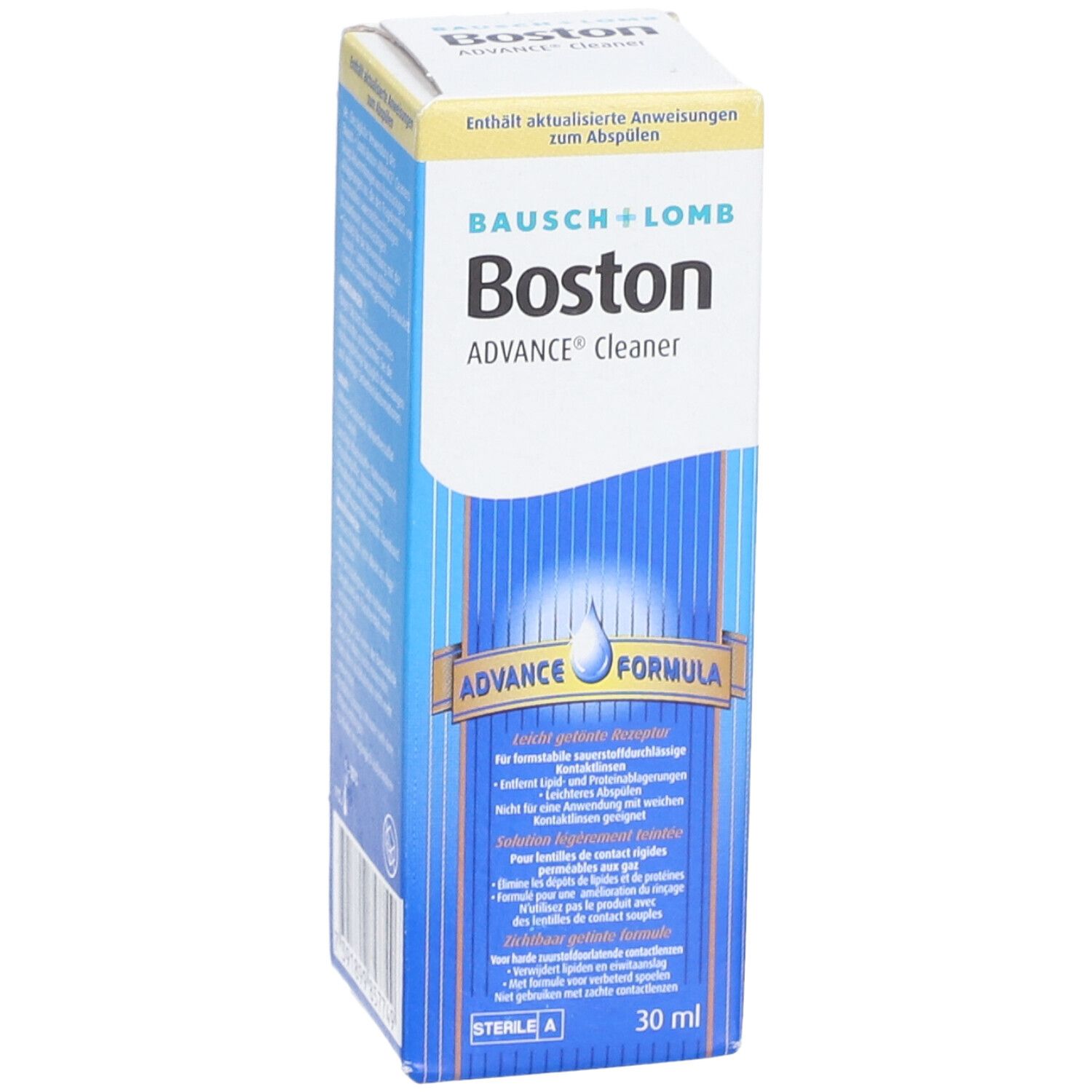 Verpakking Bausch + Lomb Boston ADVANCE Cleaner. Blauw-witte verpakking met productinformatie en logo.