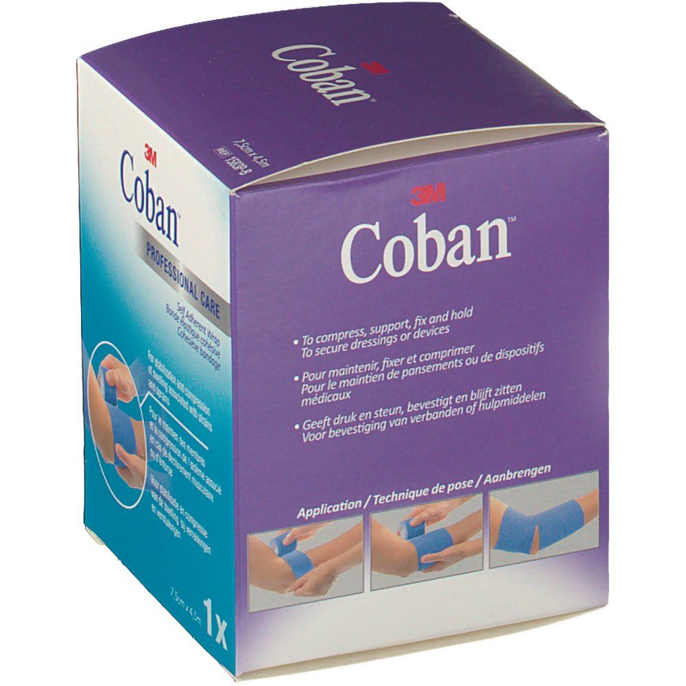 Boîte de bandage bleu 3M Coban. Illustrations d'application. Inscription: 1x. Texte en plusieurs langues.